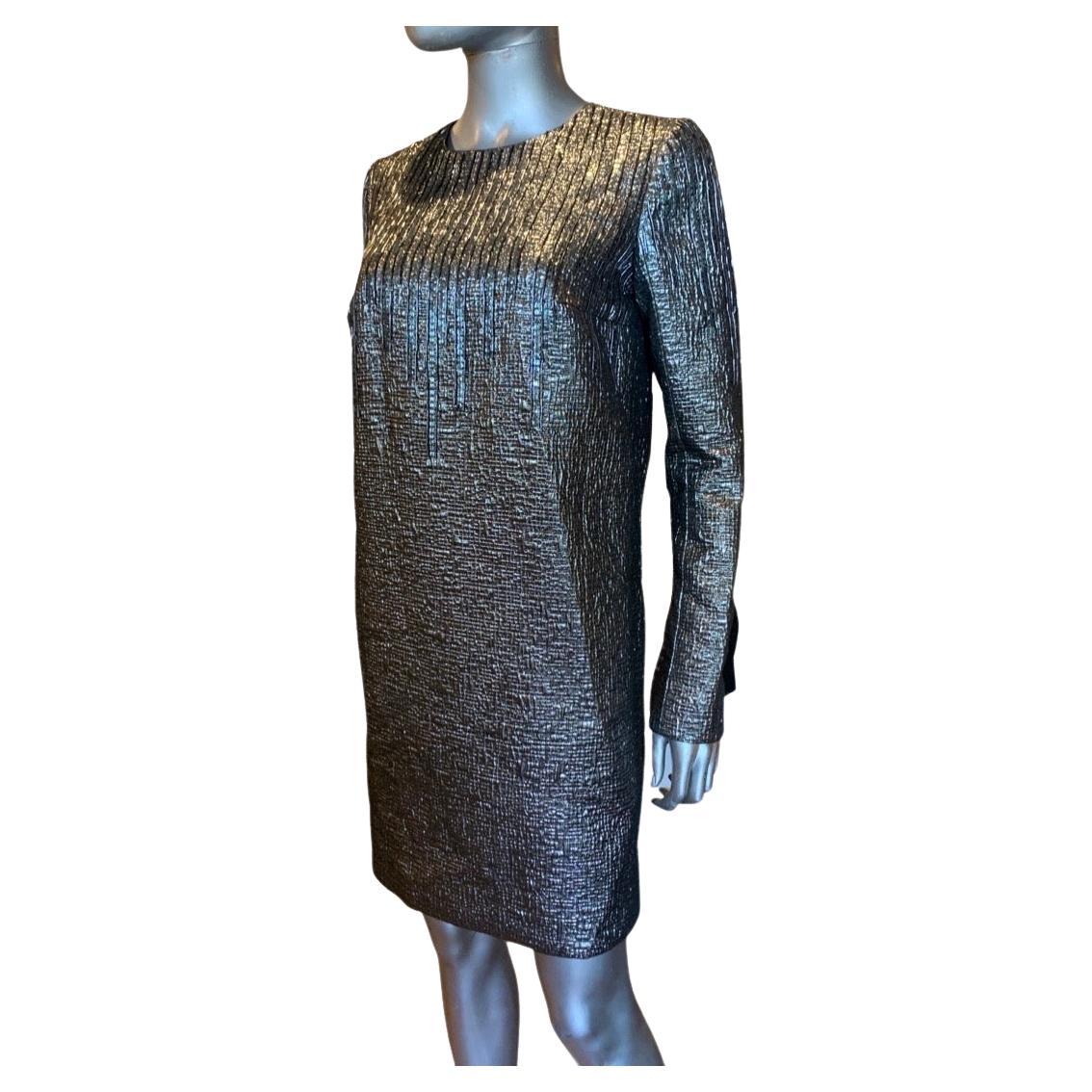 Black Carmen Marc Valvo Chic Gunmetal Metallic Cocktail Dress Hand Beaded Trim Size 4 For Sale