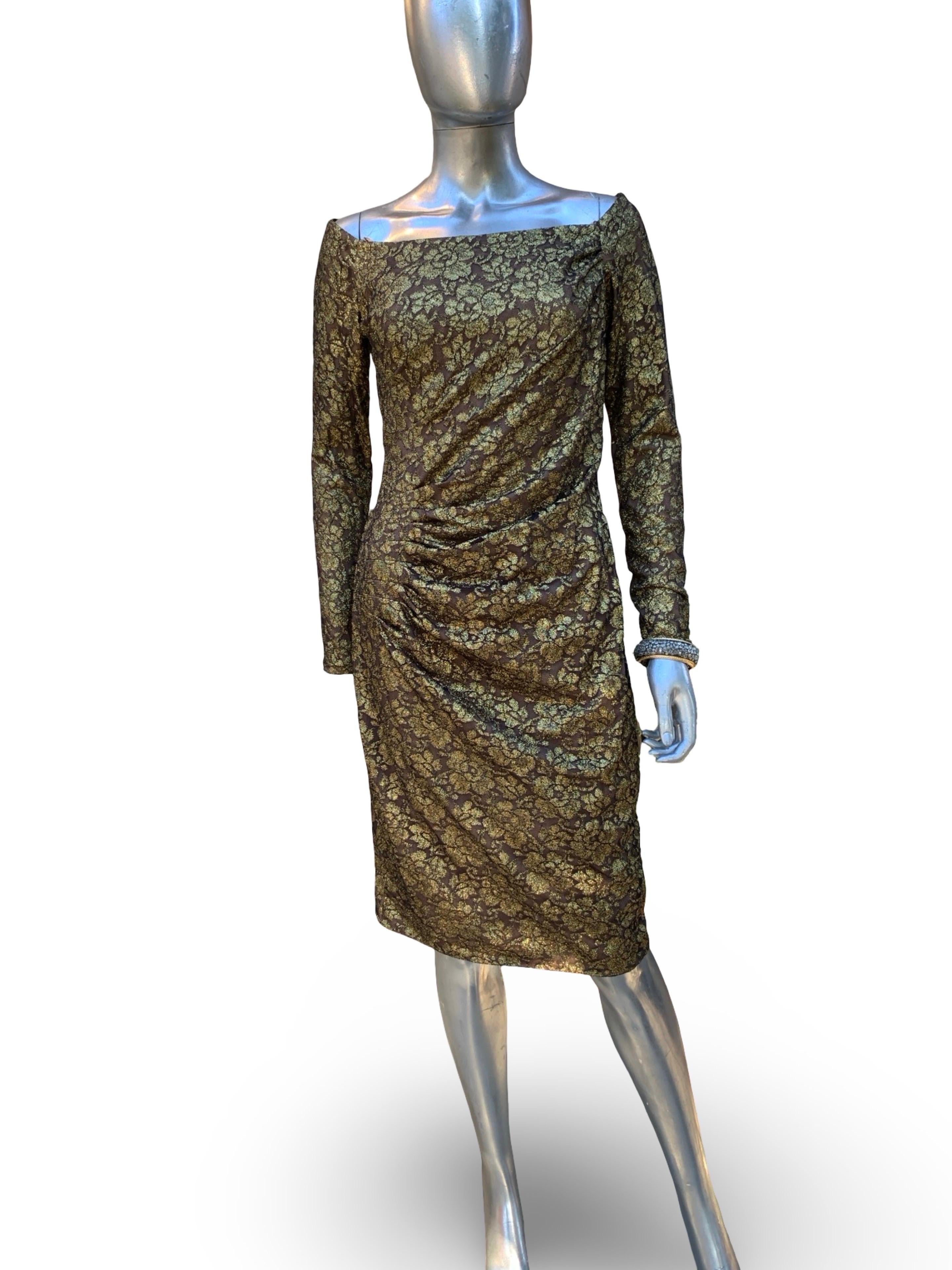 Carmen Marc Valvo Collectional Gold Metallic Lace over Nude Cocktail Dress Size 10 en vente 8
