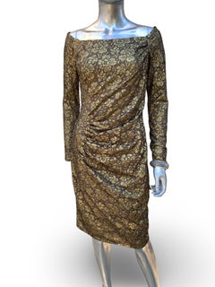 Carmen Marc Valvo Collection Gold Metallic Lace over Nude Cocktail Dress Size 10