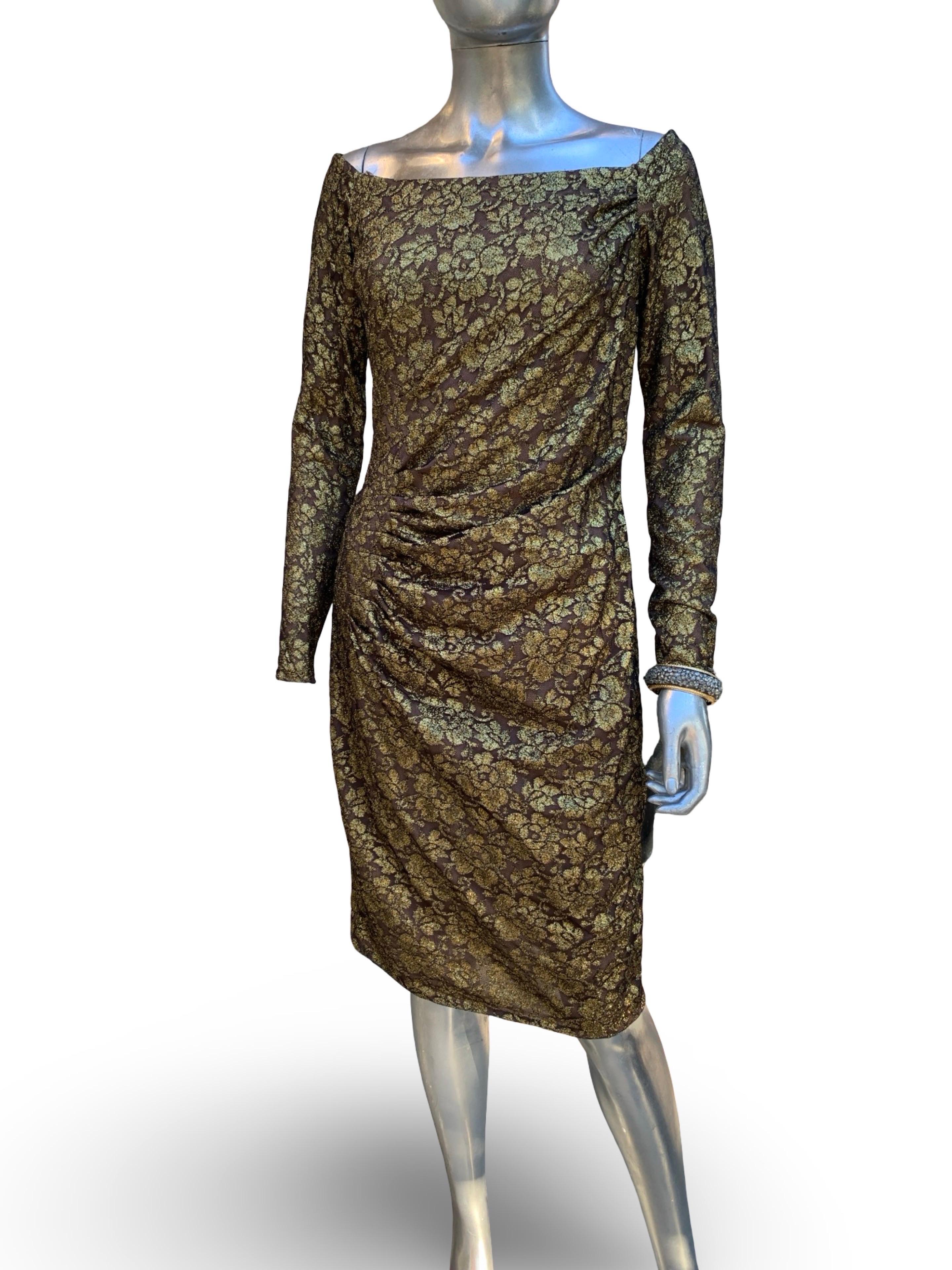 Marron Carmen Marc Valvo Collectional Gold Metallic Lace over Nude Cocktail Dress Size 10 en vente