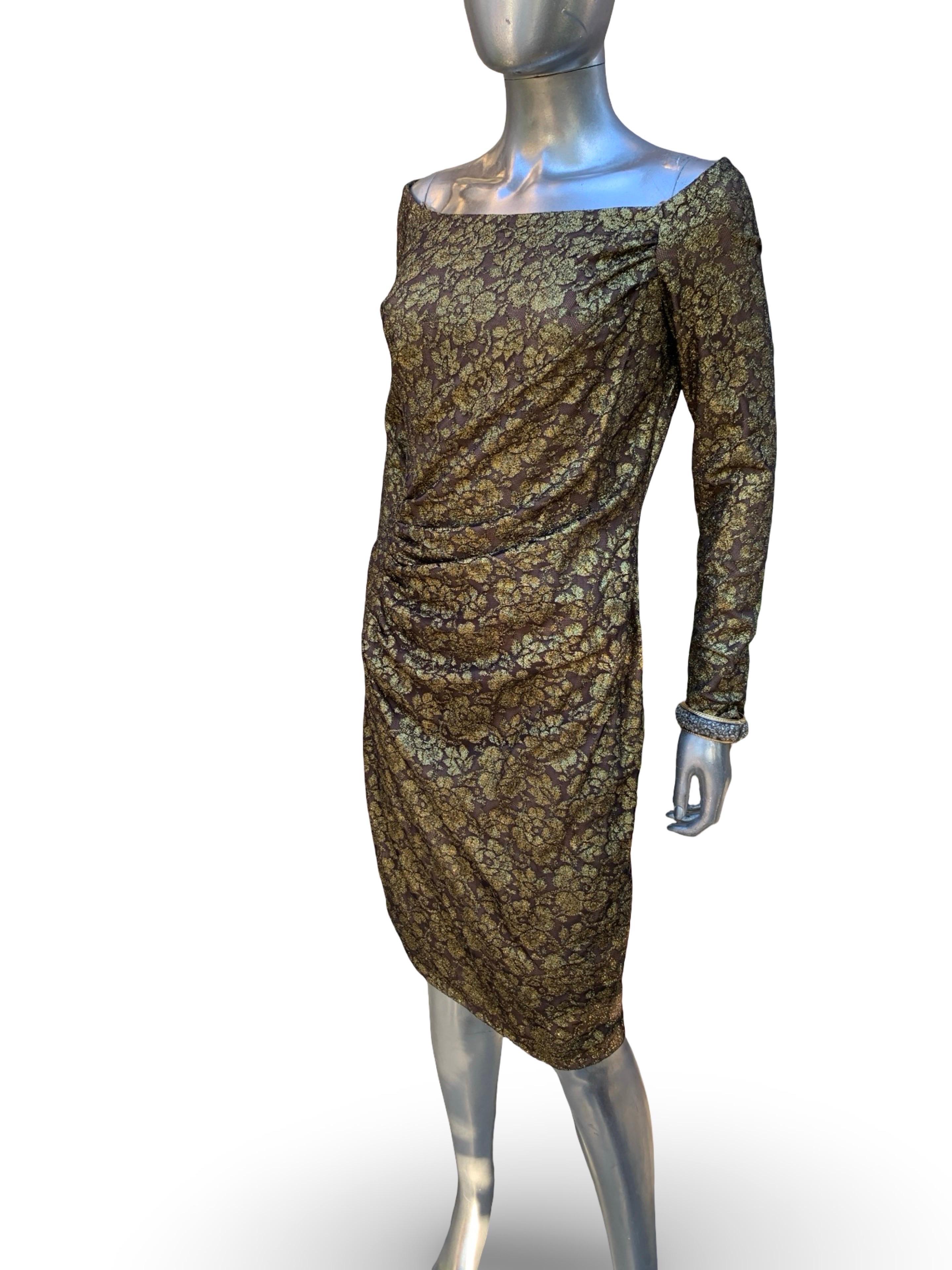 Carmen Marc Valvo Collectional Gold Metallic Lace over Nude Cocktail Dress Size 10 en vente 1