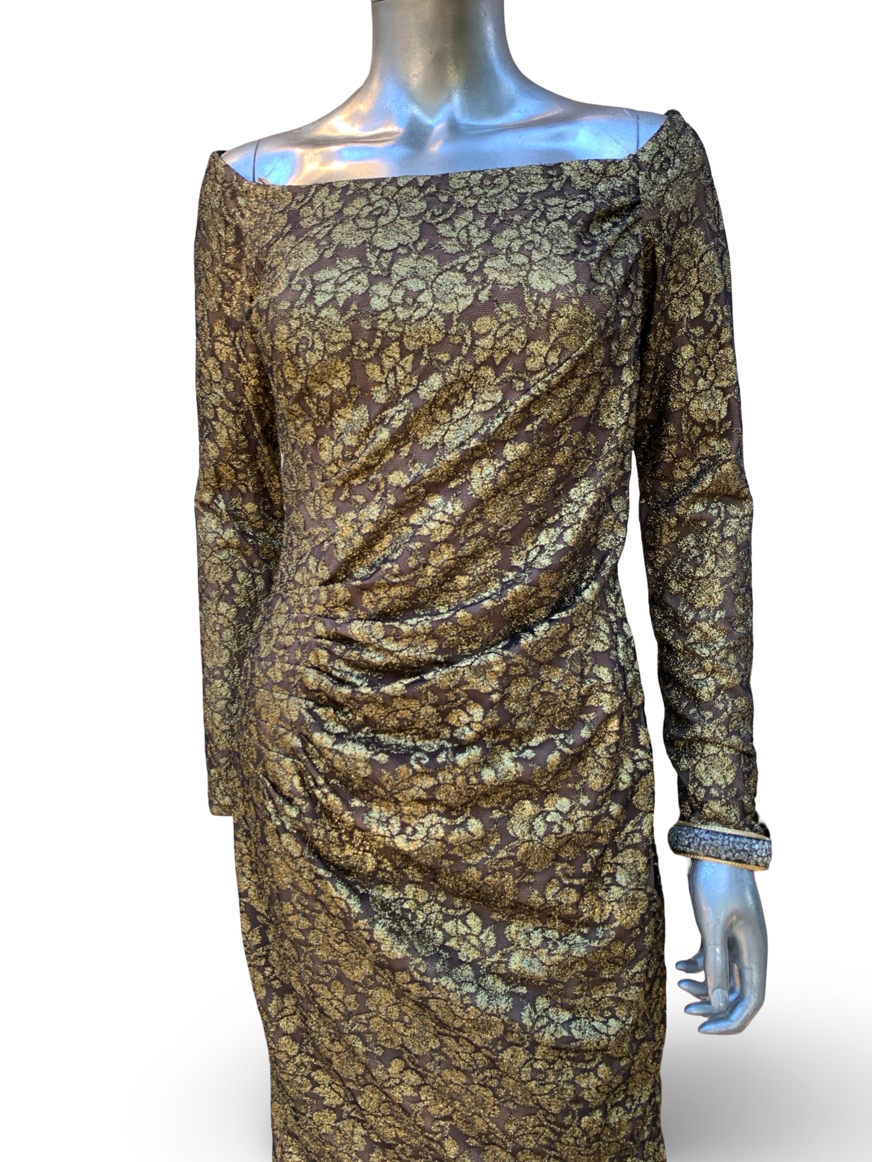 Carmen Marc Valvo Collectional Gold Metallic Lace over Nude Cocktail Dress Size 10 en vente 2