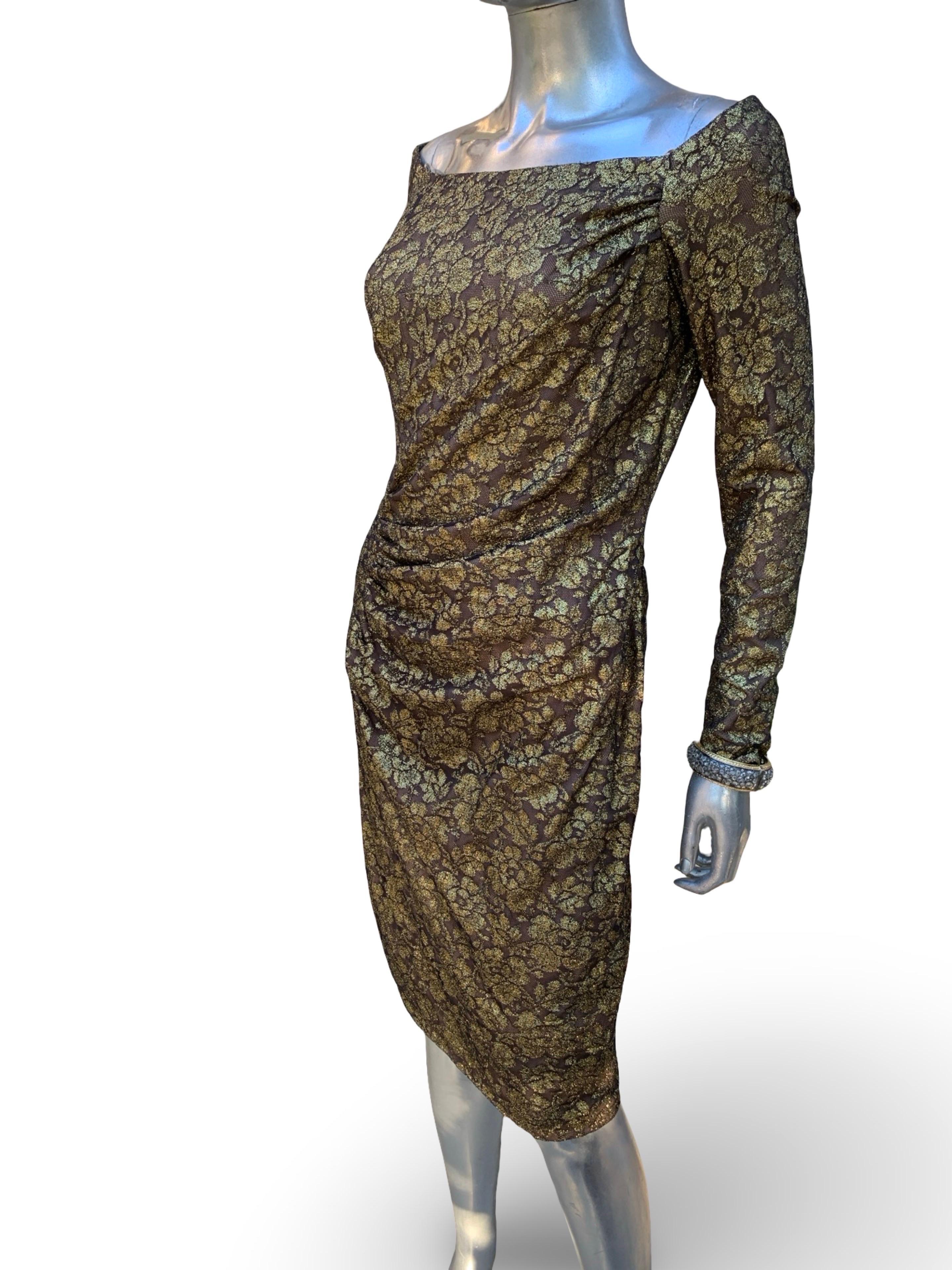 Carmen Marc Valvo Collectional Gold Metallic Lace over Nude Cocktail Dress Size 10 en vente 3