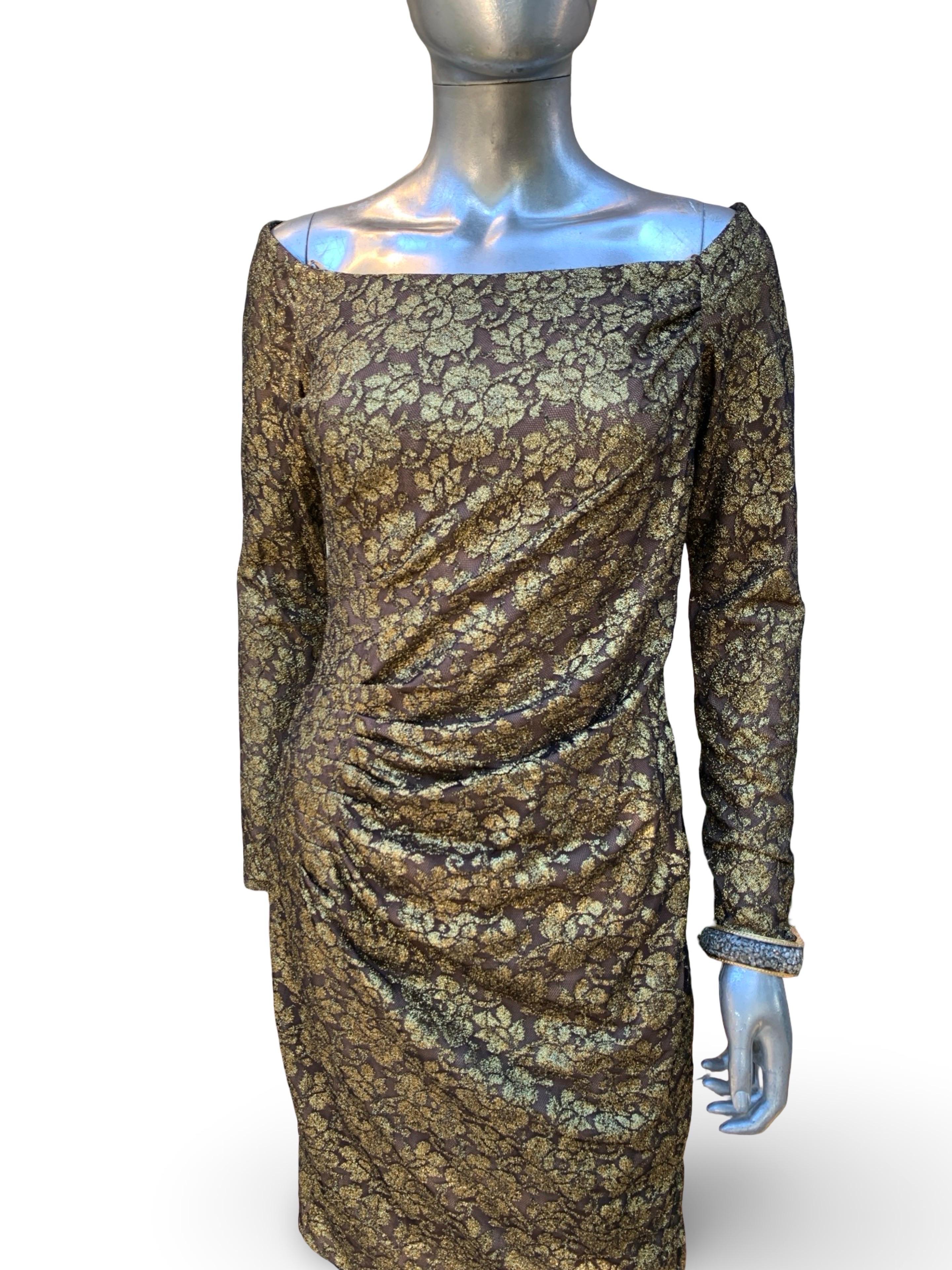 Carmen Marc Valvo Collectional Gold Metallic Lace over Nude Cocktail Dress Size 10 en vente 4
