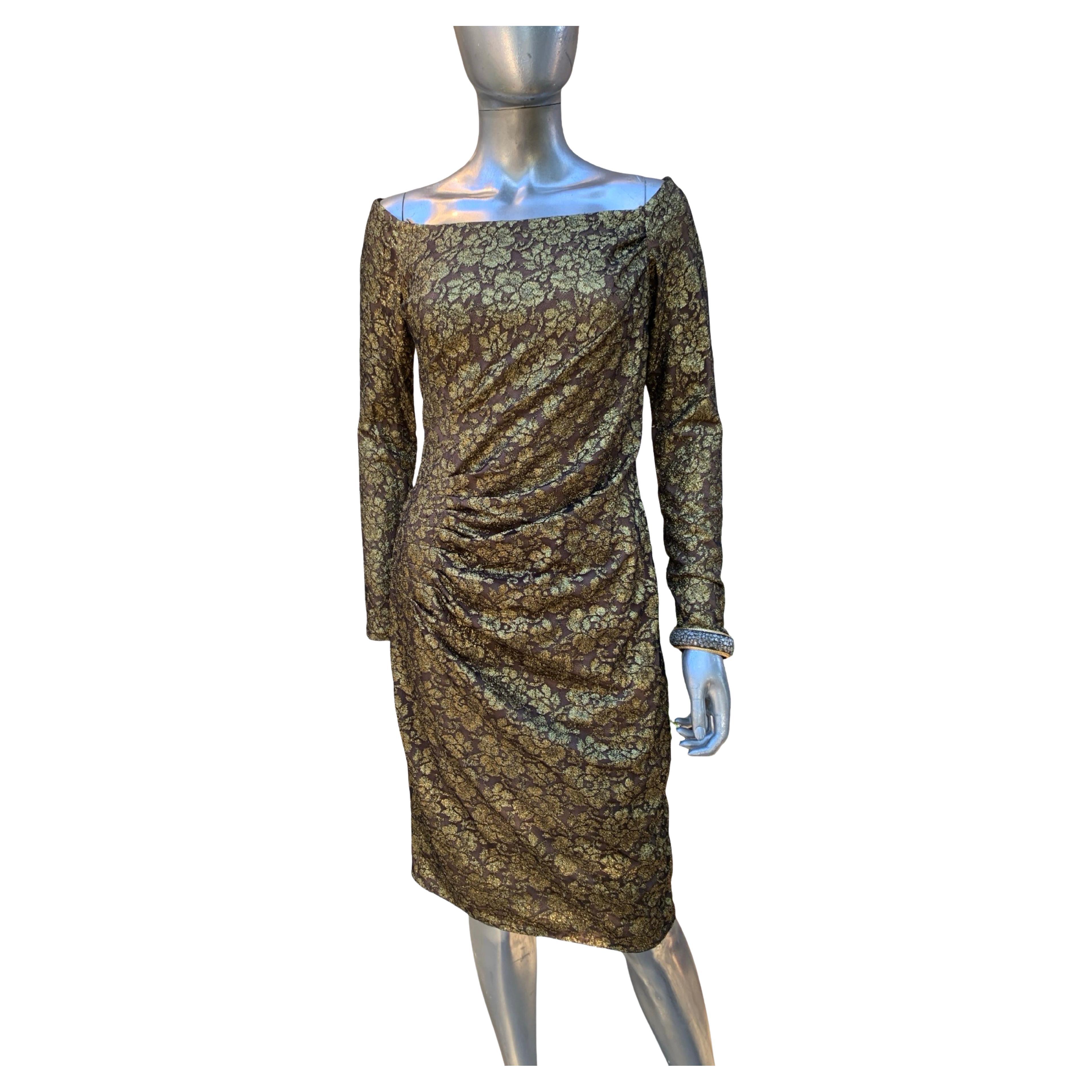 Carmen Marc Valvo Collectional Gold Metallic Lace over Nude Cocktail Dress Size 10