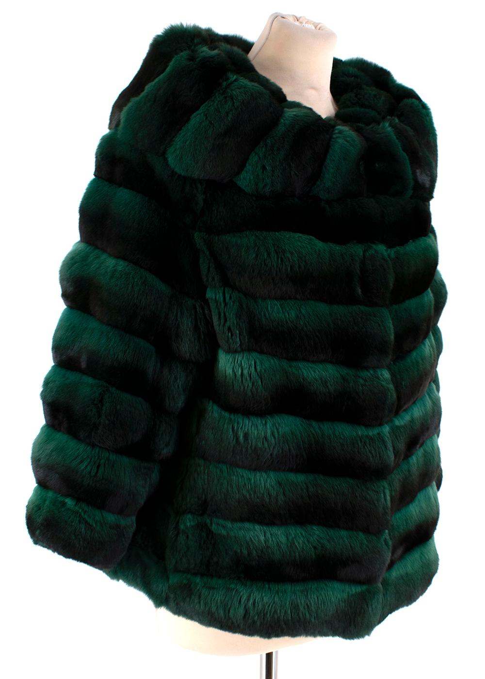 Carmen Marc Valvo Couture Chinchilla Jacket

- Luxuriously soft chinchilla Fur
- Extra panel of fun around the neckline
- Pockets with soft velvet black lining
- Rich emerald green colour with gradient effect
- Heavy weight & very warm
- Black silk