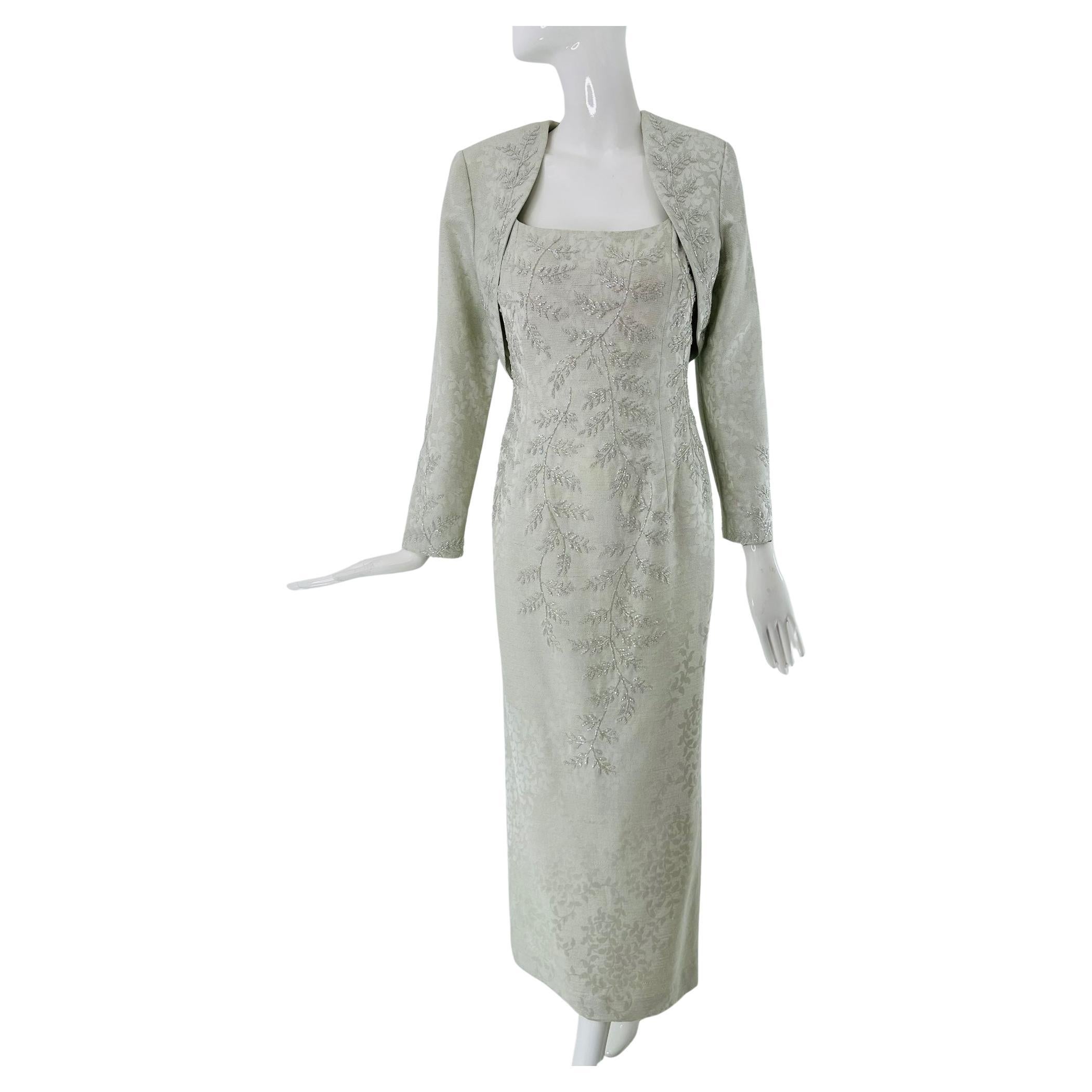 Carmen Marc Valvo Robe fourreau et veste boléro en jacquard perlé A Silver-Blue 8 en vente