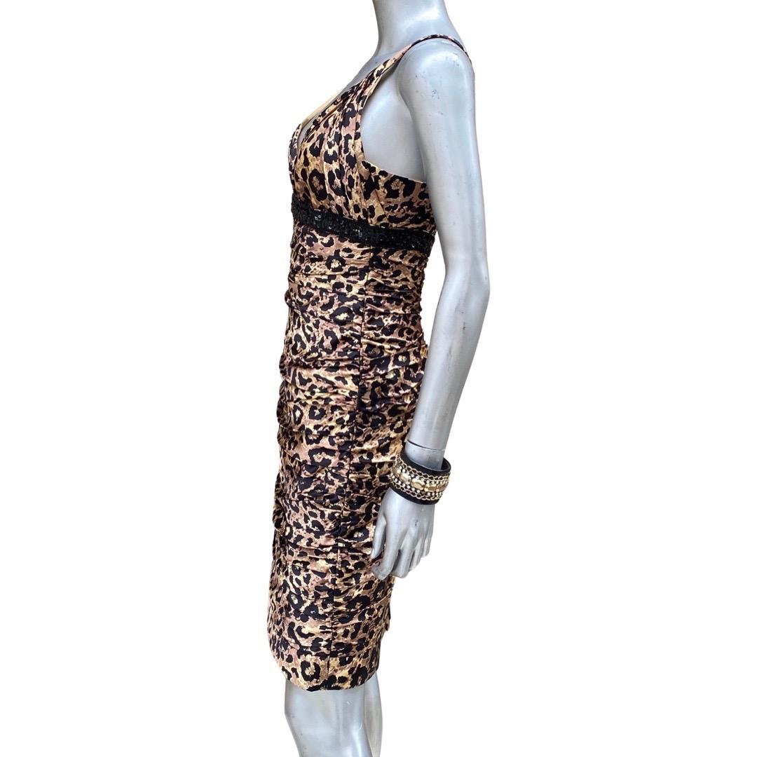 Gray Carmen Marc Valvo Ruched Silk Leopard Beaded Sleevless Cocktail Dress Size 4