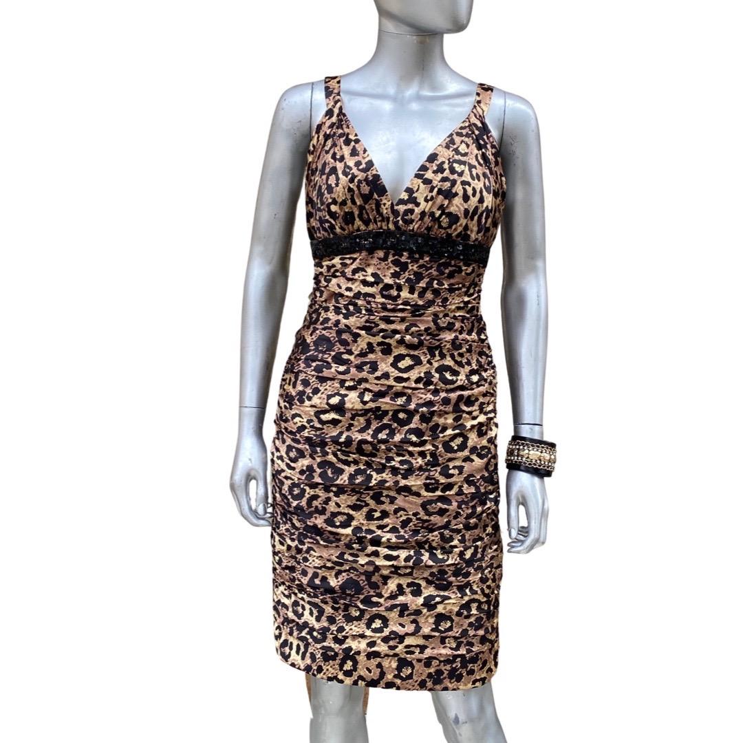 Women's Carmen Marc Valvo Ruched Silk Leopard Beaded Sleevless Cocktail Dress Size 4