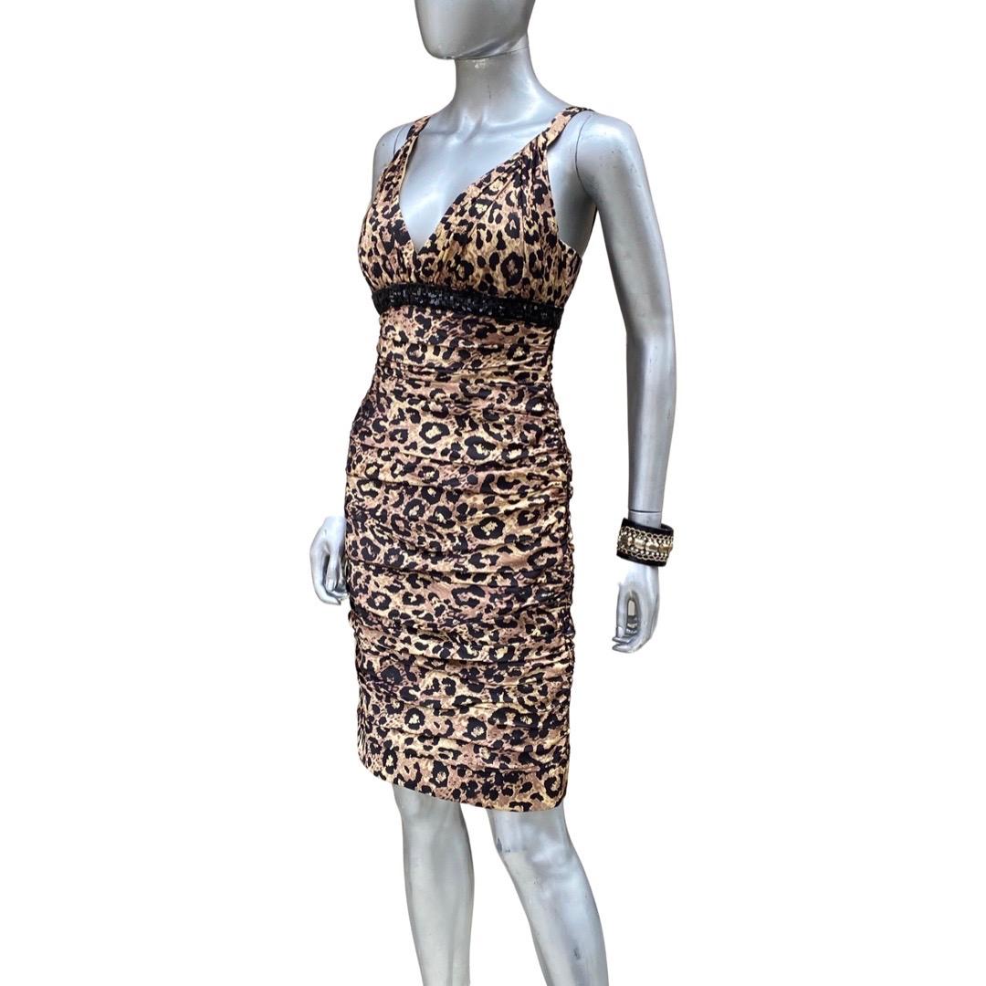 Carmen Marc Valvo Ruched Silk Leopard Beaded Sleevless Cocktail Dress Size 4 1