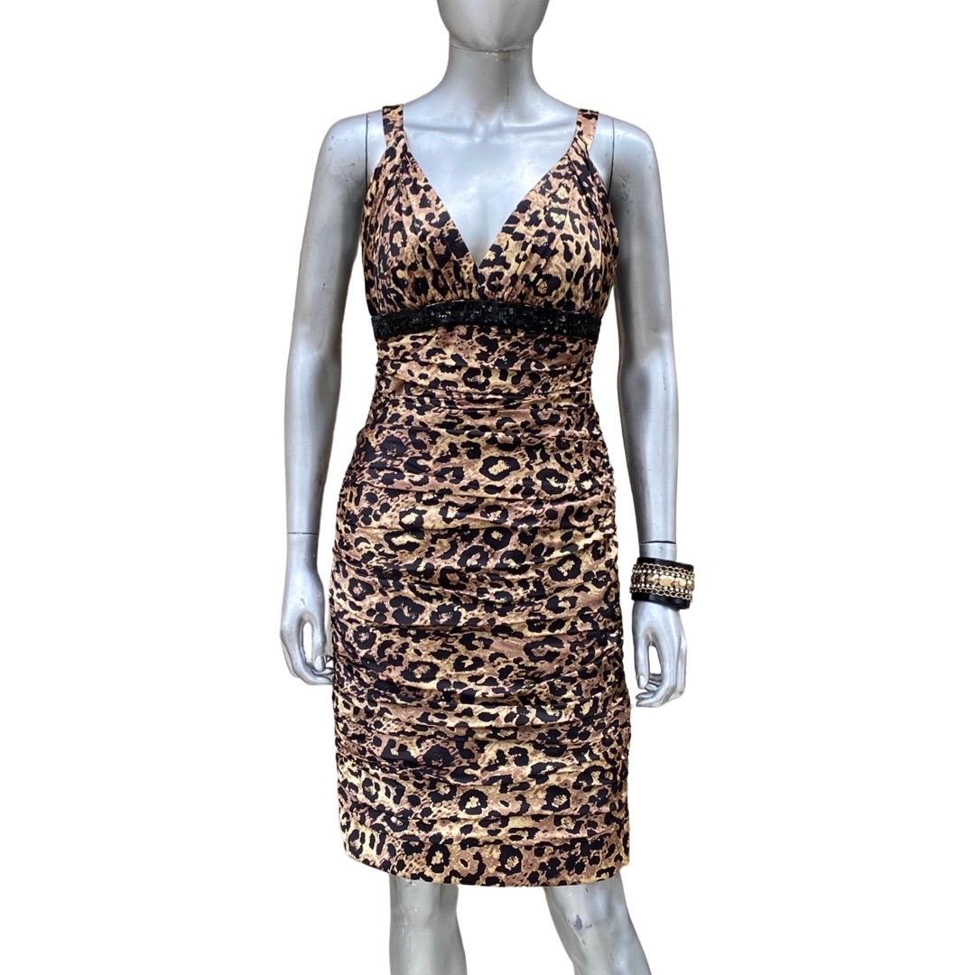 Carmen Marc Valvo Ruched Silk Leopard Beaded Sleevless Cocktail Dress Size 4 2