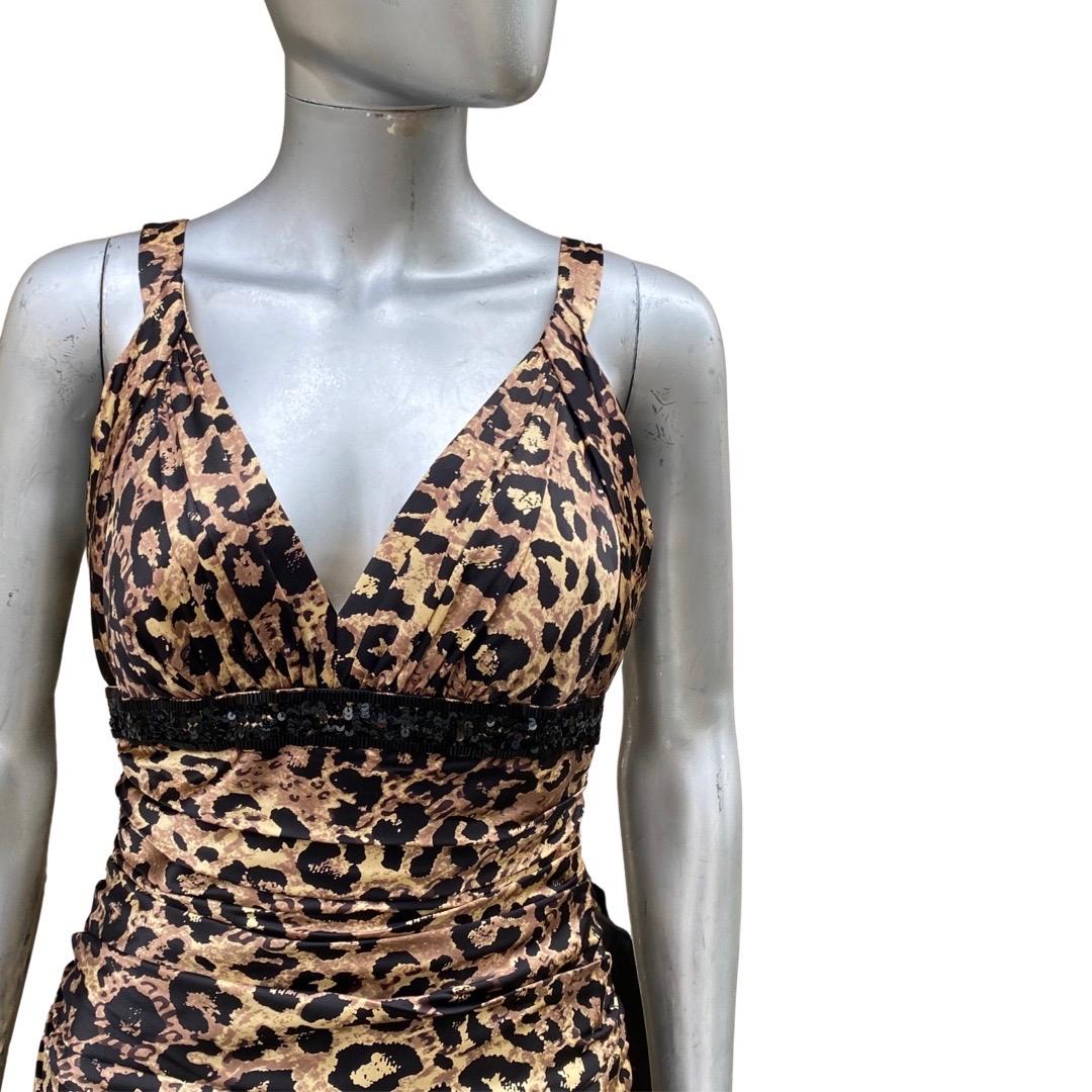 Carmen Marc Valvo Ruched Silk Leopard Beaded Sleevless Cocktail Dress Size 4 3