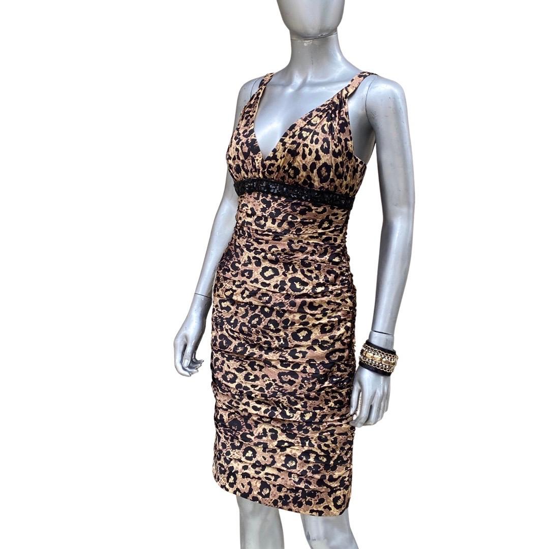 Carmen Marc Valvo Ruched Silk Leopard Beaded Sleevless Cocktail Dress Size 4 4