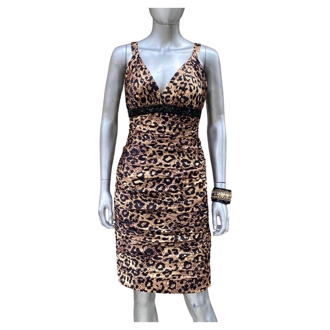 Carmen Marc Valvo Ruched Silk Leopard Beaded Sleevless Cocktail Dress Size 4