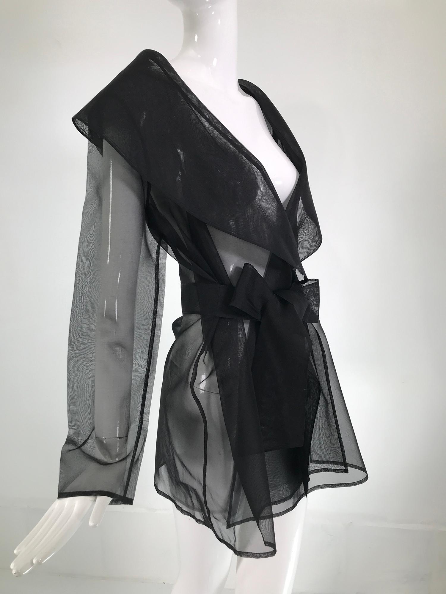 Carmen Marc Valvo Sheer Black Wool Organza Wrap Waist Shawl Collar Jacket 1990s 3