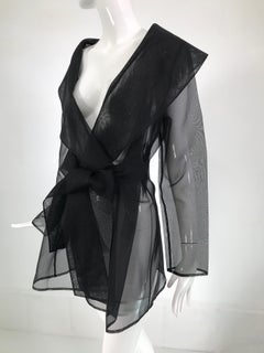 Carmen Marc Valvo Sheer Black Wool Organza Wrap Waist Shawl Collar Jacket 1990s