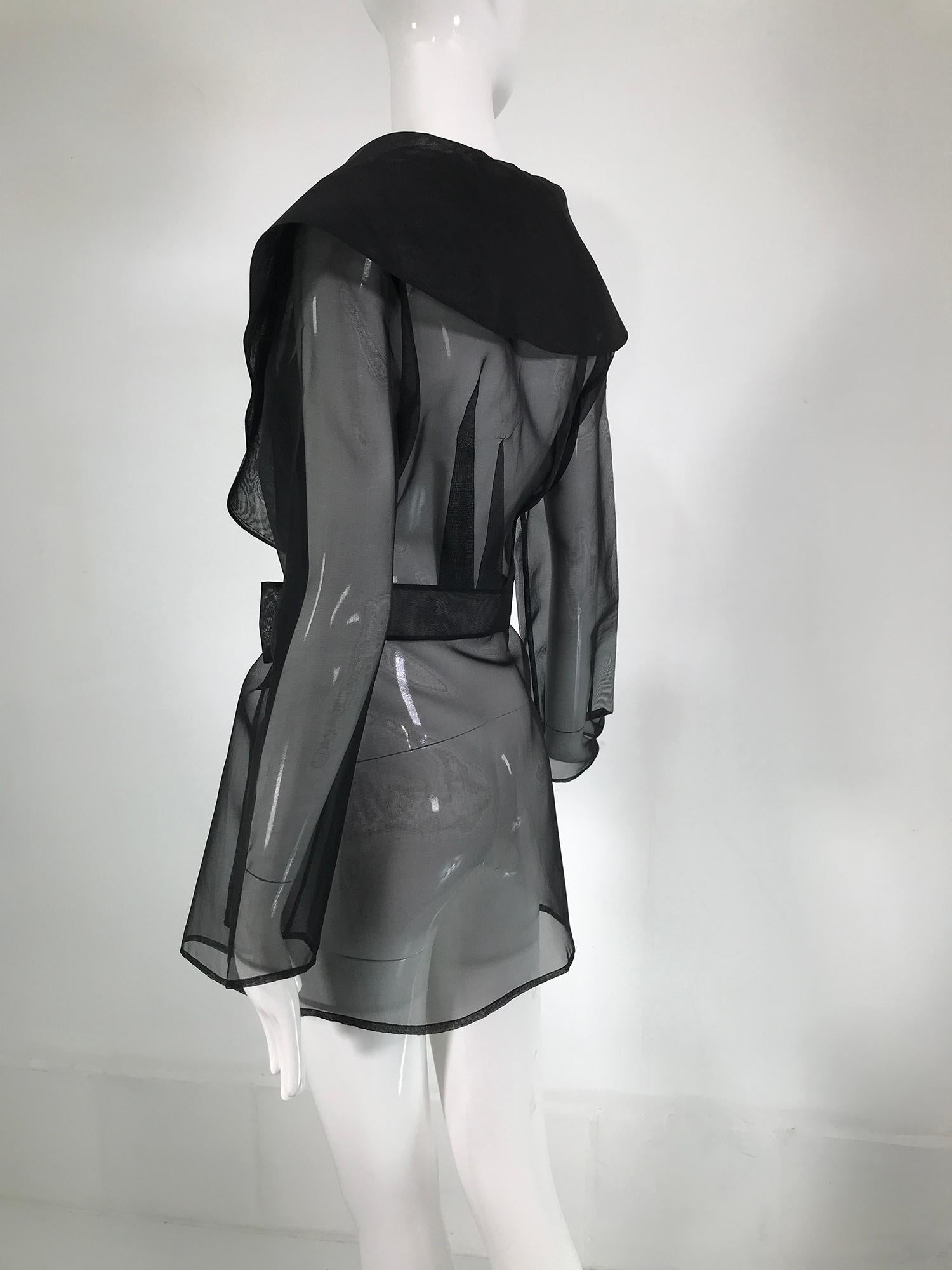 Carmen Marc Valvo Sheer Black Wool Organza Wrap Waist Shawl Collar Jacket 1990s In Excellent Condition In West Palm Beach, FL