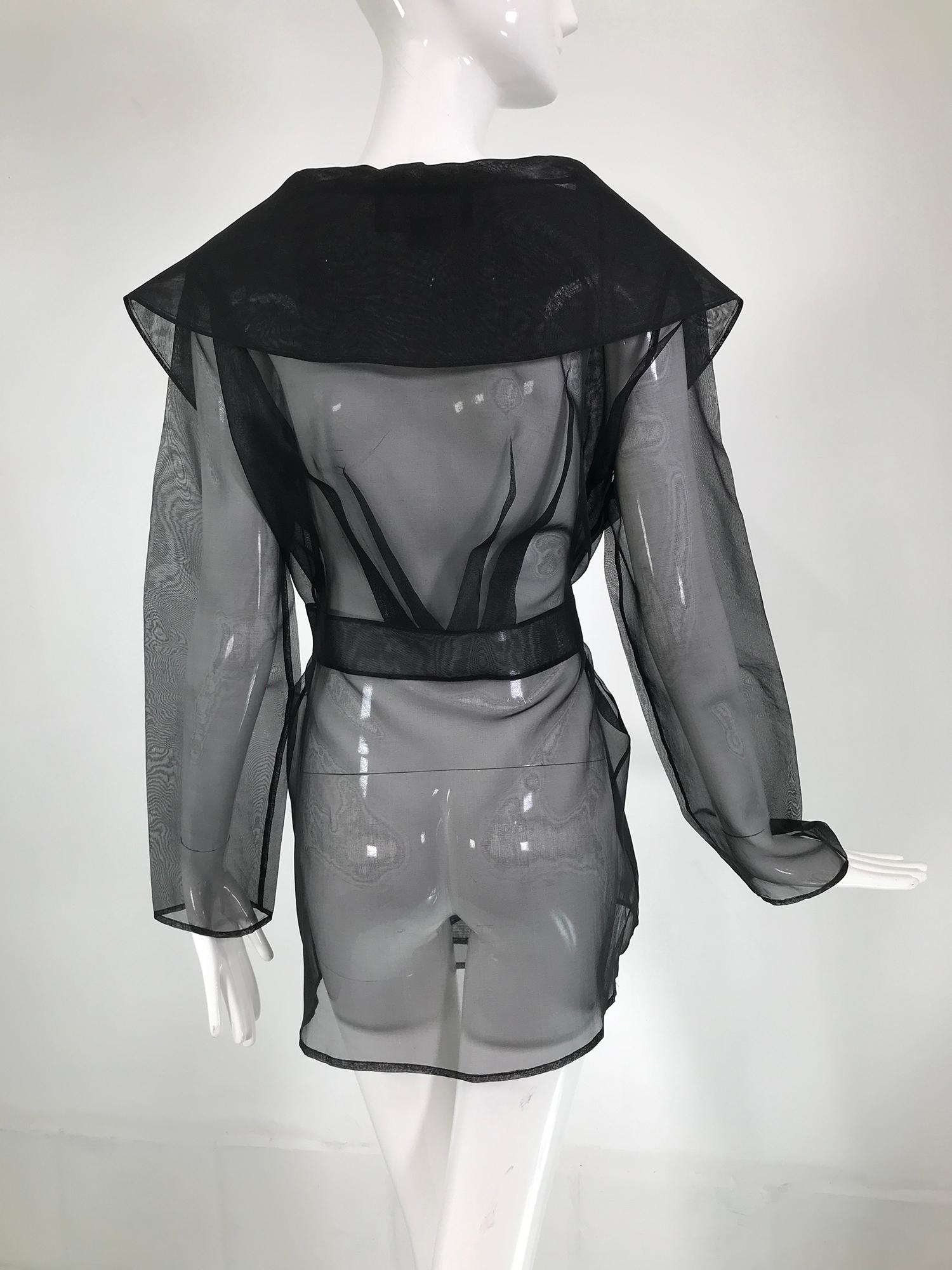 Women's Carmen Marc Valvo Sheer Black Wool Organza Wrap Waist Shawl Collar Jacket 1990s