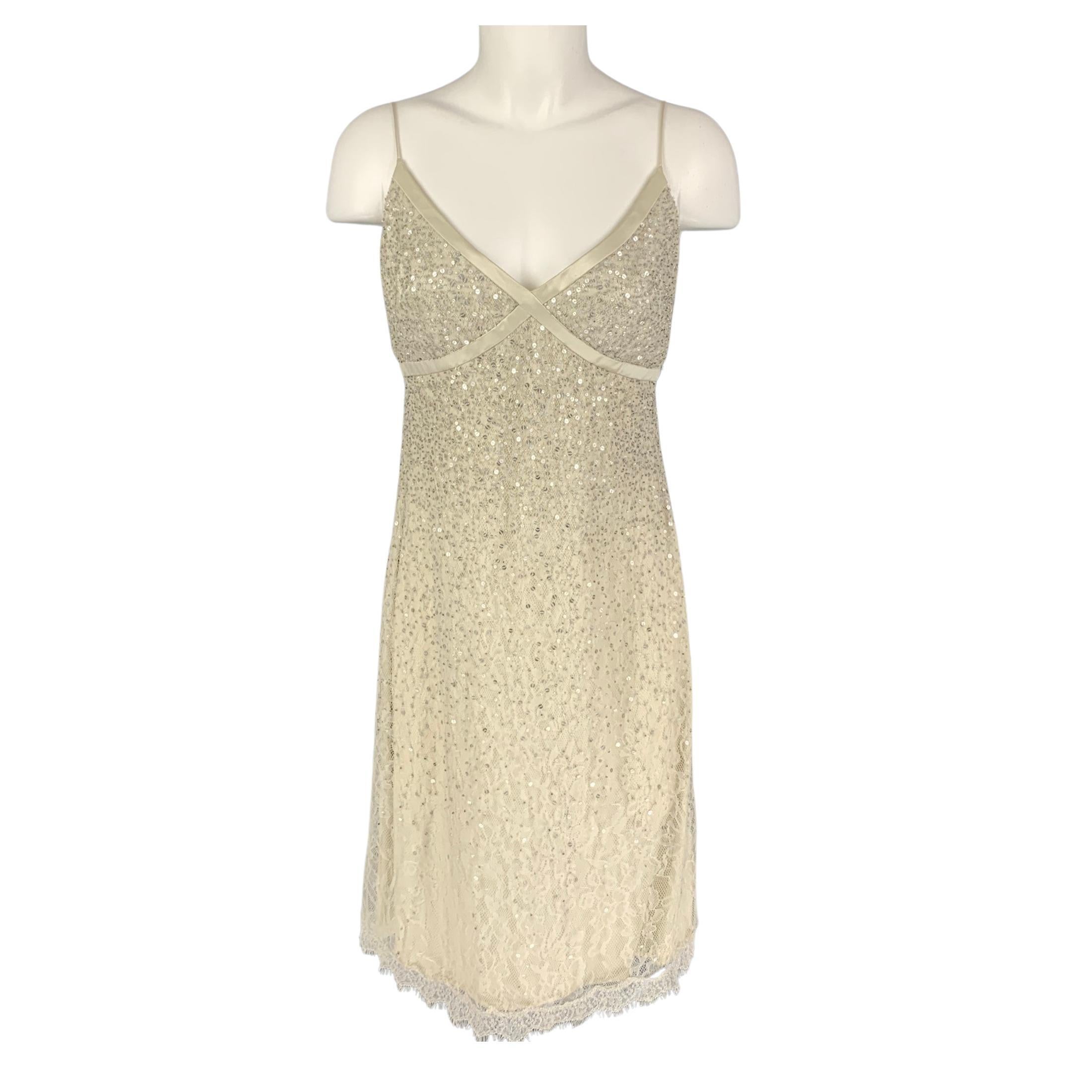 CARMEN MARC VALVO Size 6 Off White Lace Sequined Spaghetti Straps Cocktail Dress