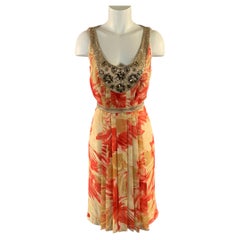 CARMEN MARC VALVO Size 6 Tan Coral Silk Floral Pleated Knee Length Dress