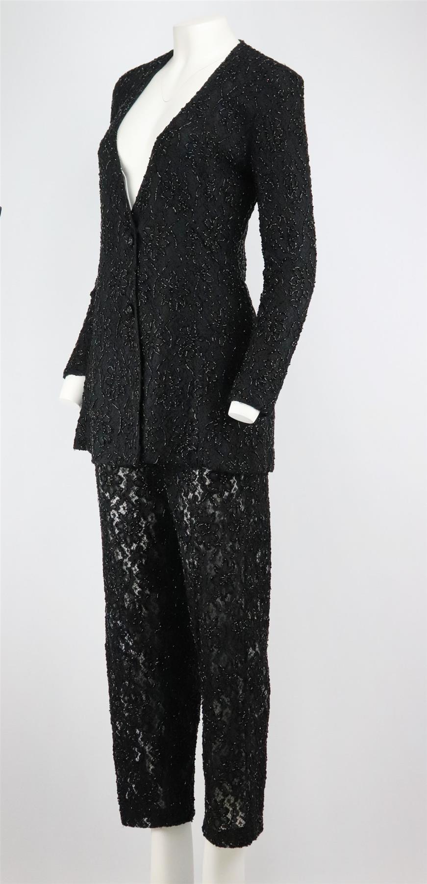 Nero Carmen Marc Valvo - Set di pantaloni in pizzo impreziositi vintage US 4 UK 8