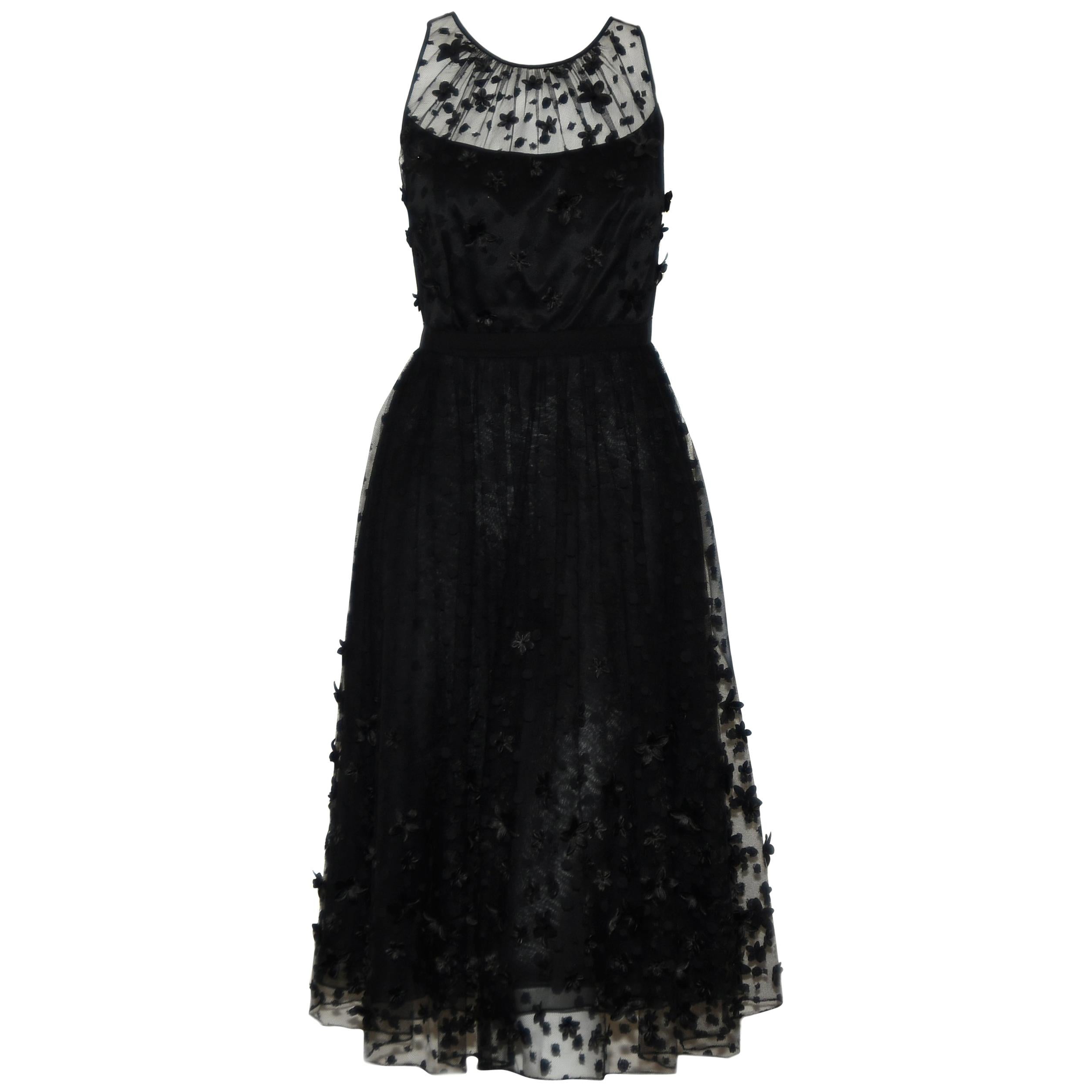 Carmen Mark Valvo Black Tulle with Embroidered Details with 3D Appliques