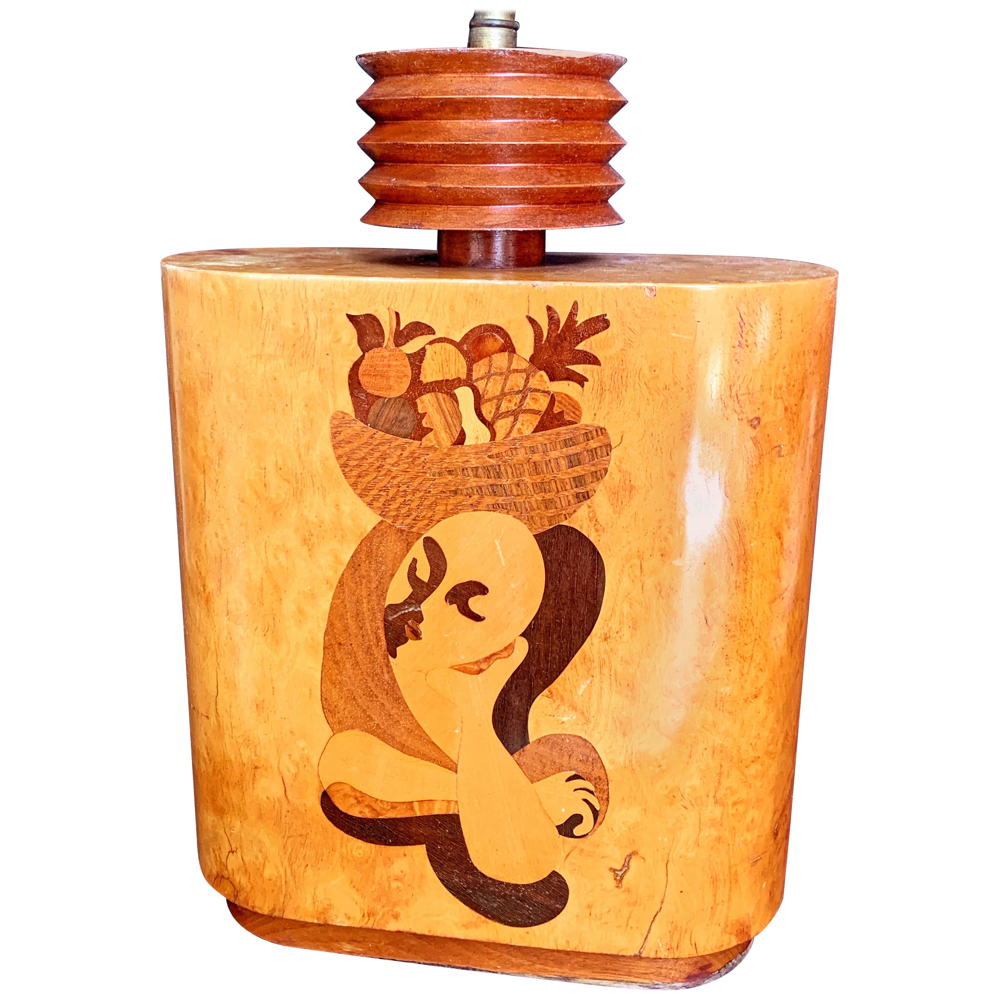 "Carmen Miranda, " Unique Art Deco Table Lamp with Inlaid Wood by Szoeke For Sale