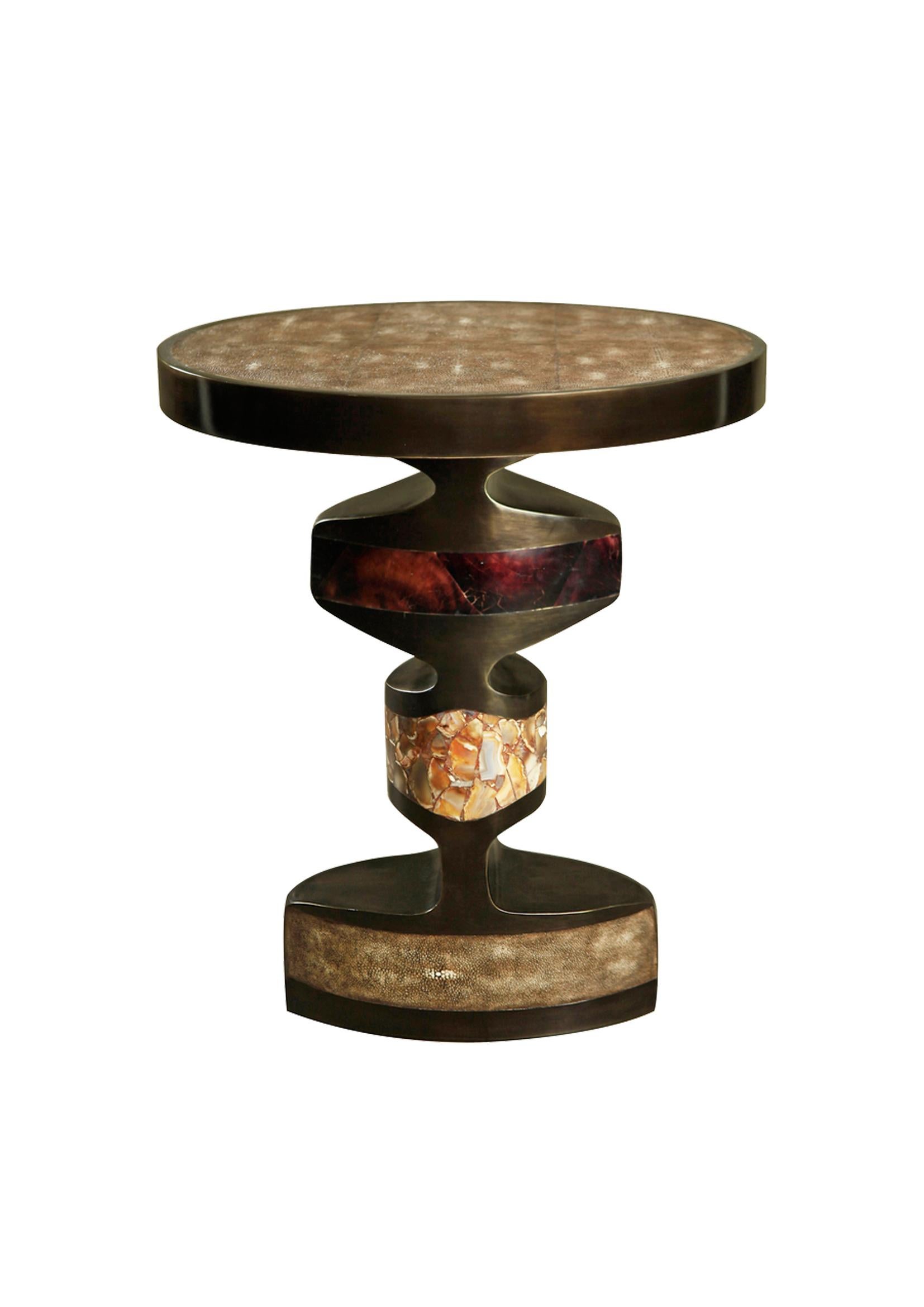 Art Deco Carmen Side Table in Shagreen, Baguio Stone, Bronze-Patina Brass by R&Y Augousti For Sale