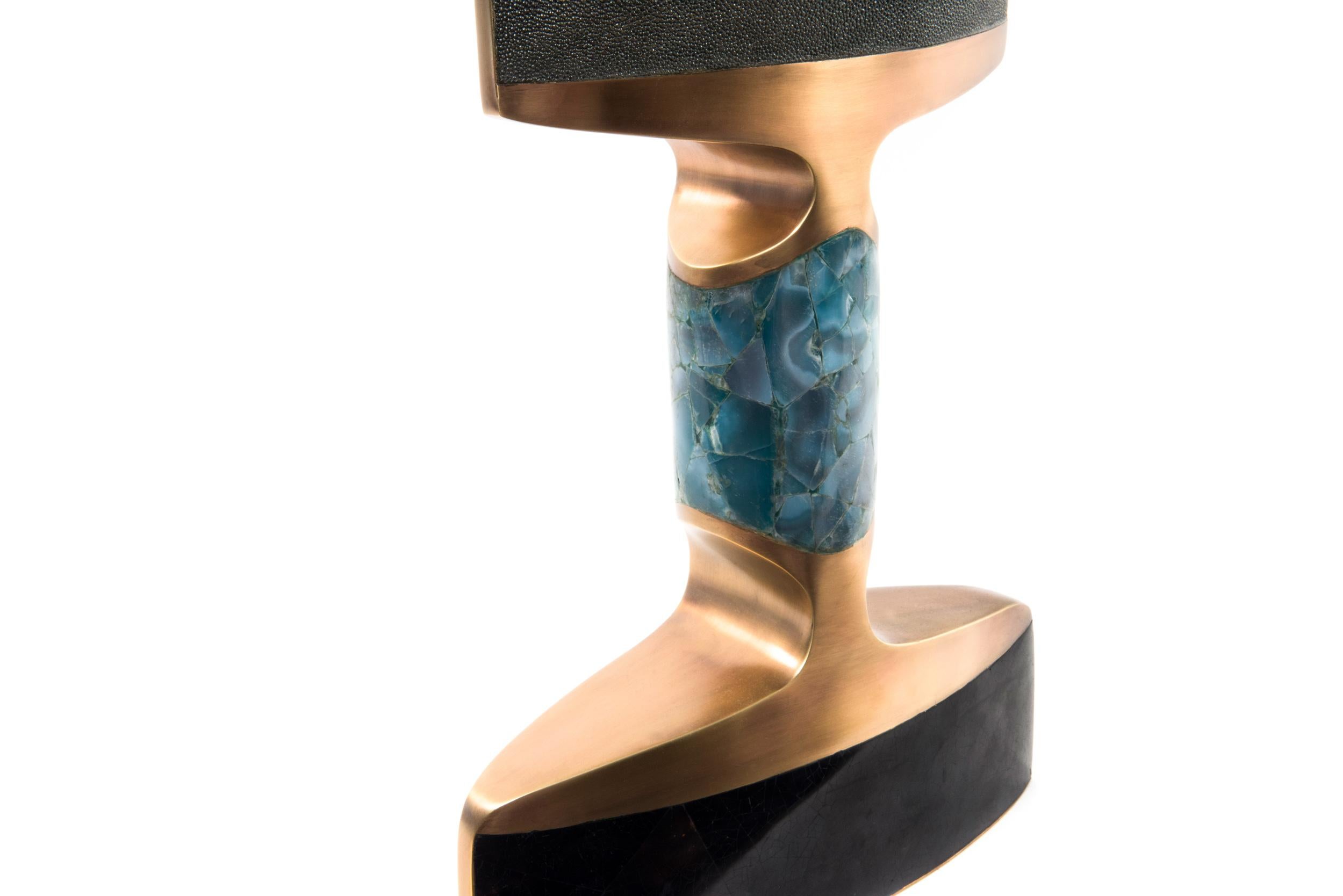 Hand-Crafted Carmen Side Table in Shagreen, Baguio Stone, Bronze-Patina Brass by R&Y Augousti For Sale