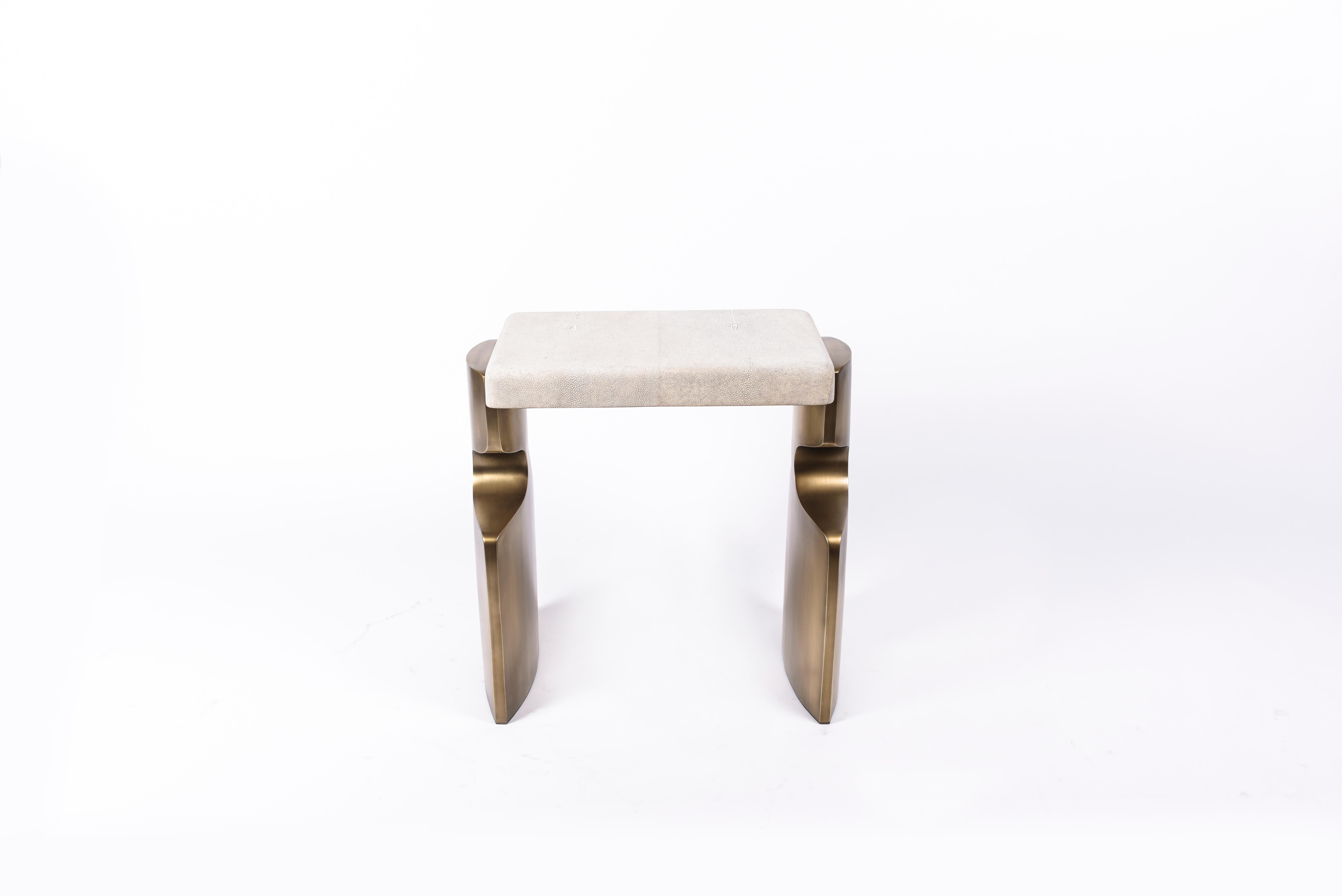 Art Deco Carmen Stool in Cream Shagreen and Bronze-Patina Brass by R&Y Augousti For Sale