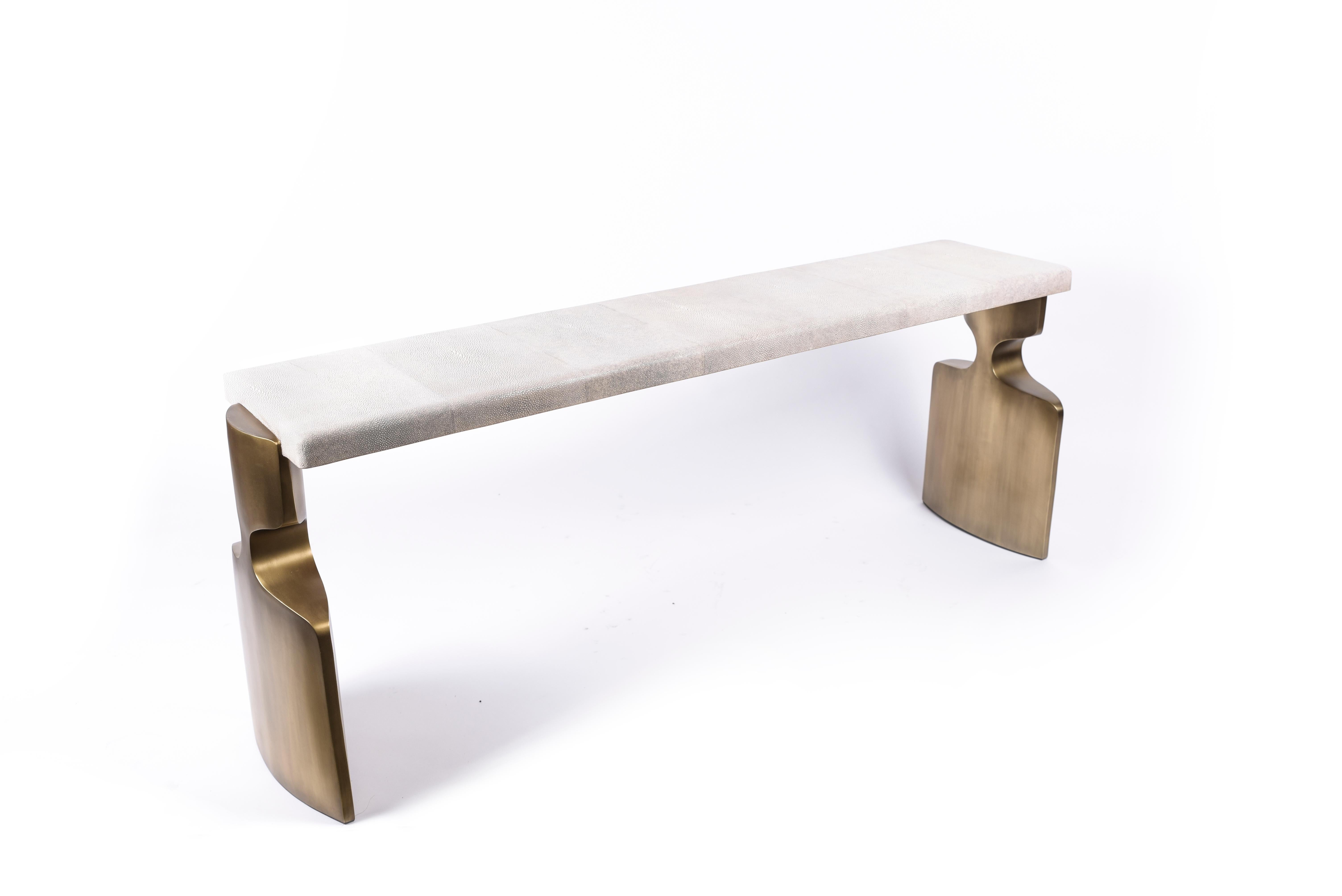 Hand-Crafted Carmen Stool in Cream Shagreen and Bronze-Patina Brass by R&Y Augousti For Sale