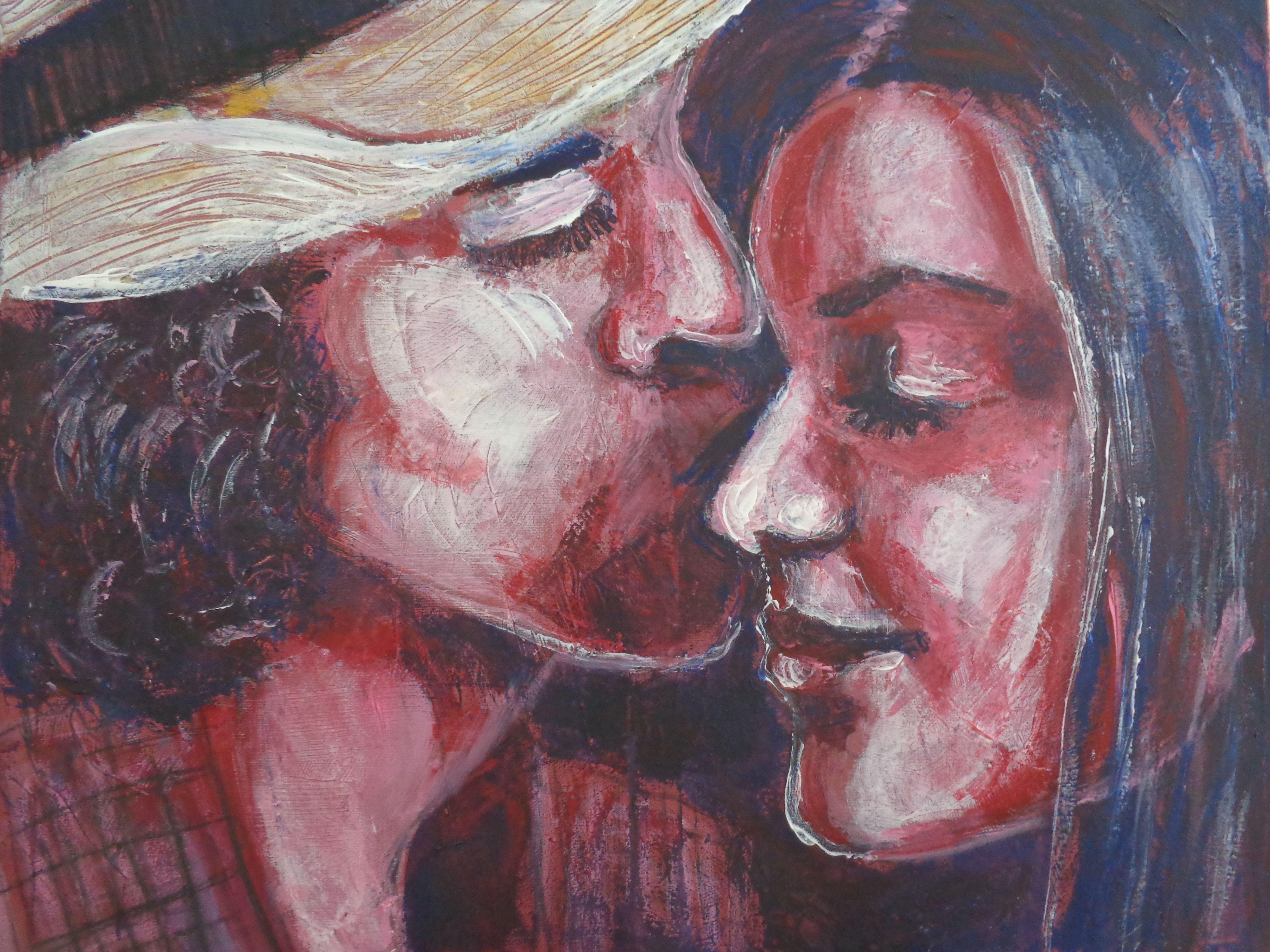 Original figurative acrylics painting on canvas, painted edges and ready to hang. A contemporary art work with interesting texture created using the palette knife techniques. A close-up portrait image of a romantic couple in love which accentuates