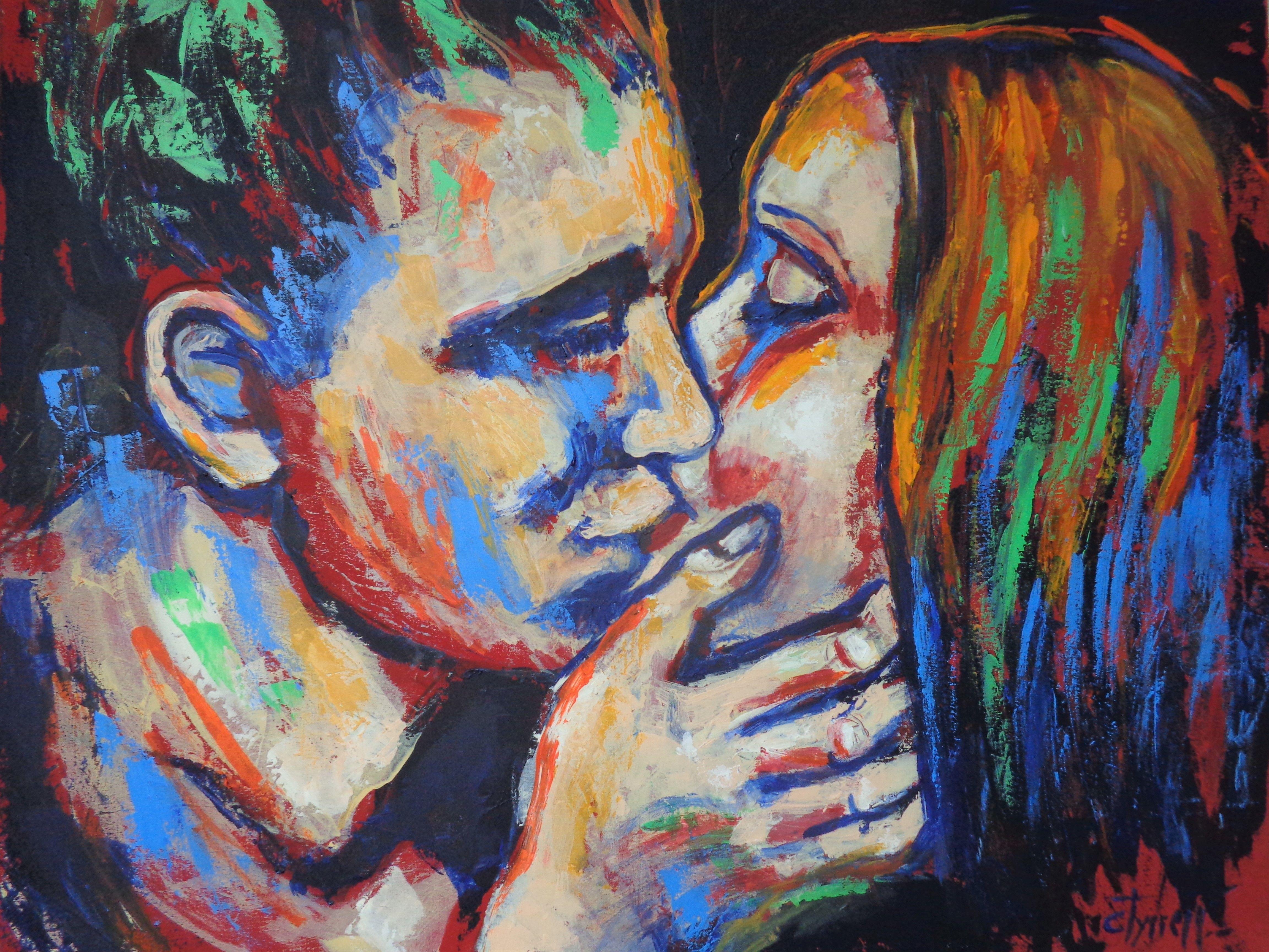 Original figurative contemporary acrylics and oils painting on canvas. Part of the series "Lovers - Kiss", this painting is a celebration of youth, energy, love and colours. Work on large canvas, size 102 cm x 81 cm x 1.5 cm ( 40" x 32" x 1") using