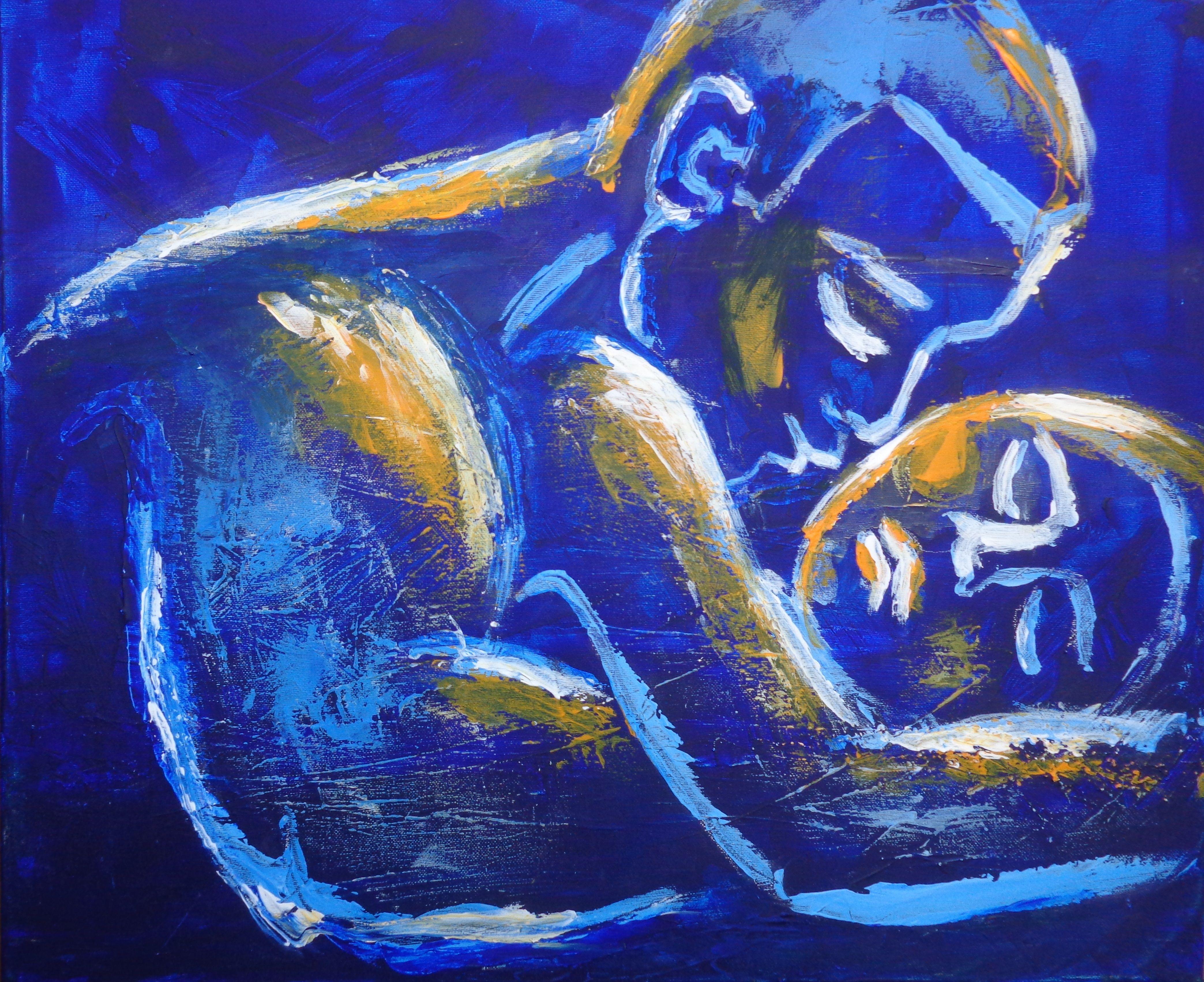 The sixth artwork in the series "Night of Passion". Painted with simple   line marks in blue, orange and white colours, enough to suggest shapes in the darkness. Powerful  image of an embraced couple in love. Original figurative painting on canvas,