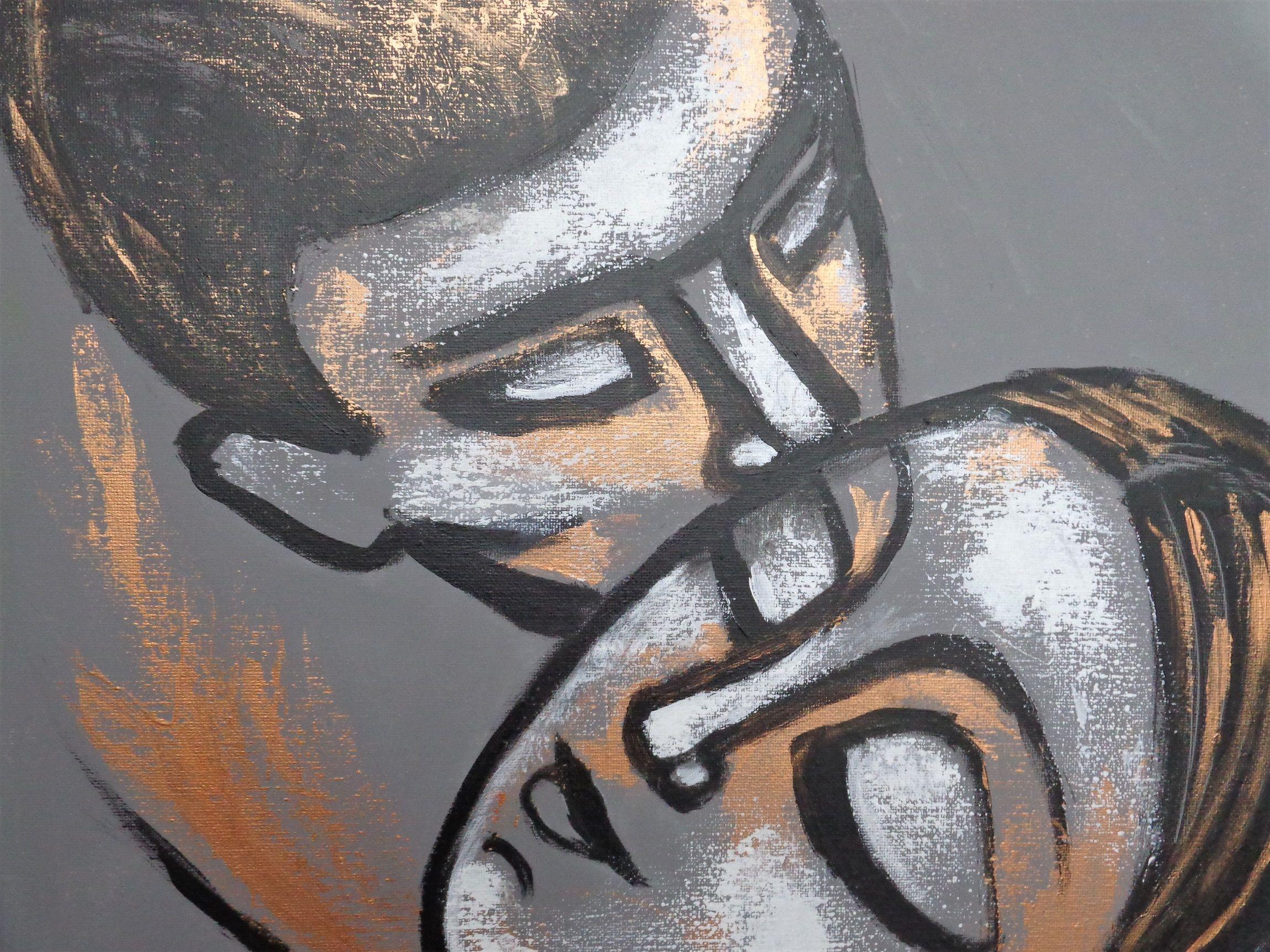 Cuadro figurativo contemporáneo original sobre lienzo cuadrado, bordes pintados y listo para colgar. Parte de la serie, que muestra un emotivo retrato de parejas que comparten su amor y consuelo. Realizado con acrílicos grises, negros, blancos y