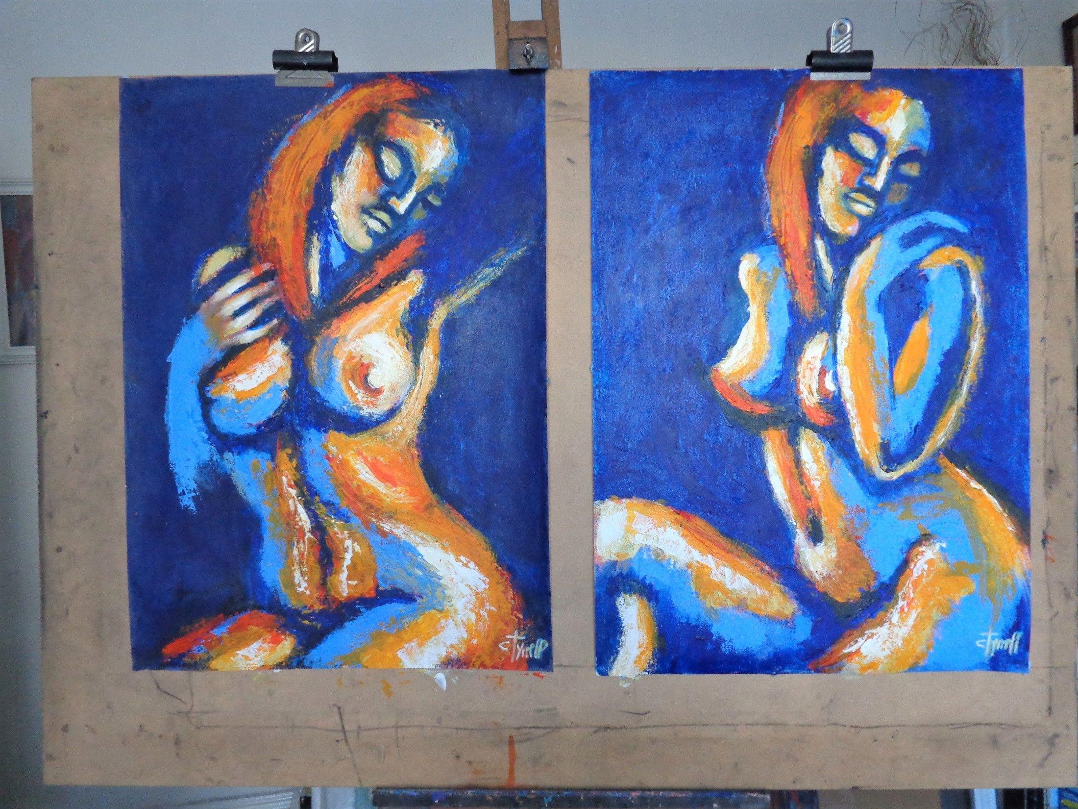 Original contemporary figurative painting on heavy textured paper, unframed.  Colourful and textured painting in blue and orange acrylics layered with the palette knife. Part of a series of relaxed and colourful female nude postures. Size 50 cm x 70