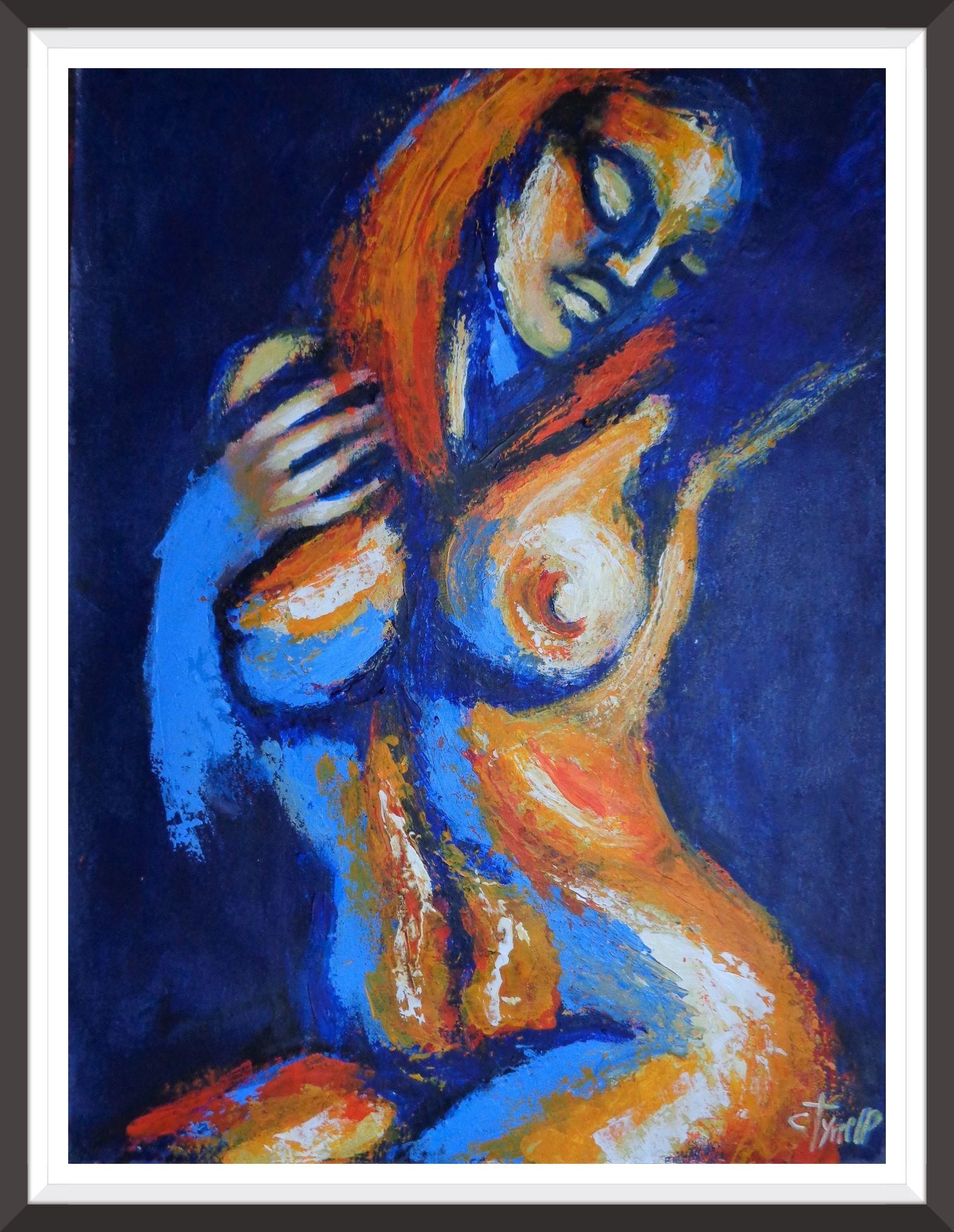 Nudo rilassante blu e arancione 1, Pittura, Acrilico su carta in vendita 1