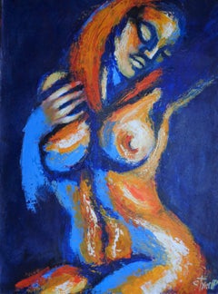 Blue And Orange Relaxing Nude 1, Painting, Acrylic on Paper
