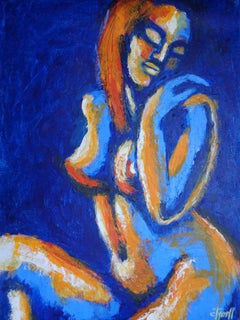 Peinture - Nu décontracté bleu et orange 2, acrylique sur papier