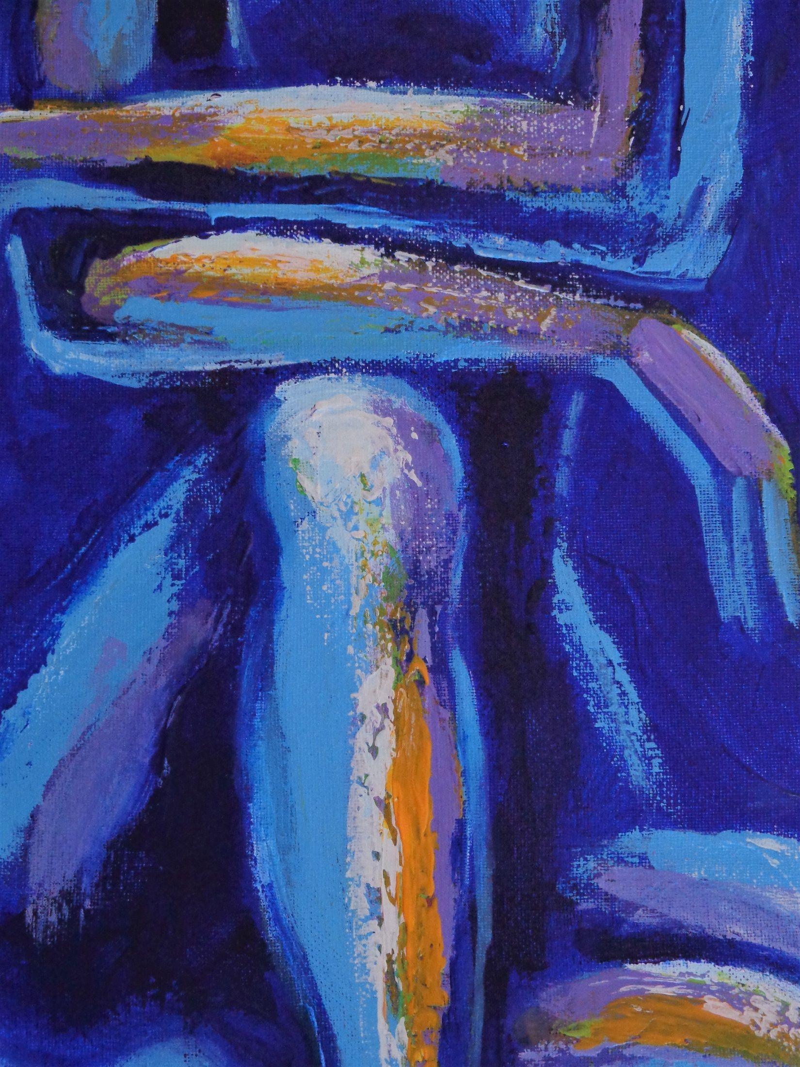 Original contemporary figurative acrylics painting on canvas, painted edges and ready to hang. Frame is optional. Colourful and textured painting made with layers of blue, purple, teal and orange acrylics applied with the palette knife. Part of a