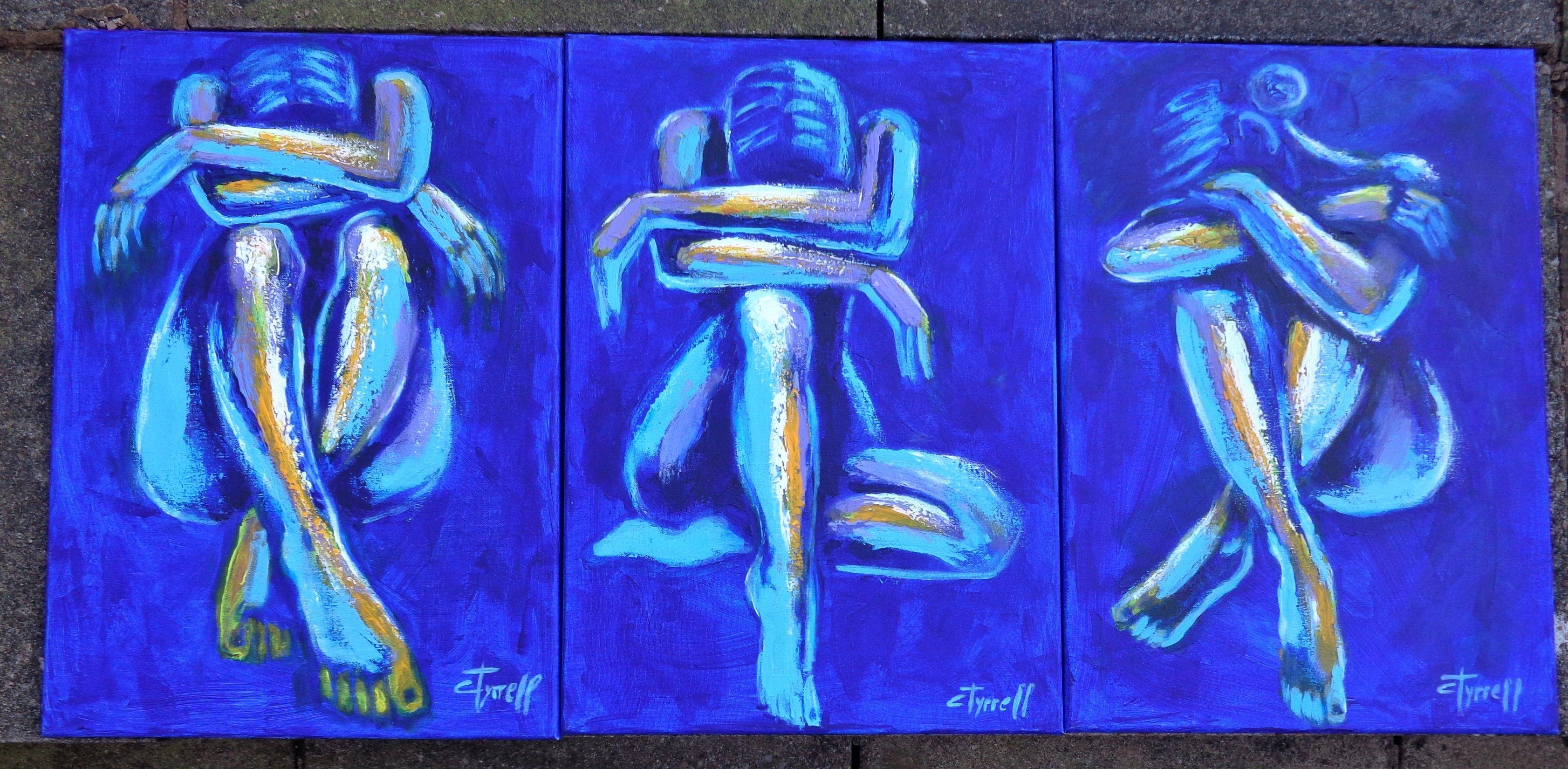 Peinture acrylique figurative contemporaine originale sur toile, bords peints et prête à être accrochée. Le cadre est facultatif. Peinture colorée et texturée réalisée avec des couches d'acrylique bleu, violet, sarcelle et orange appliquées à l'aide