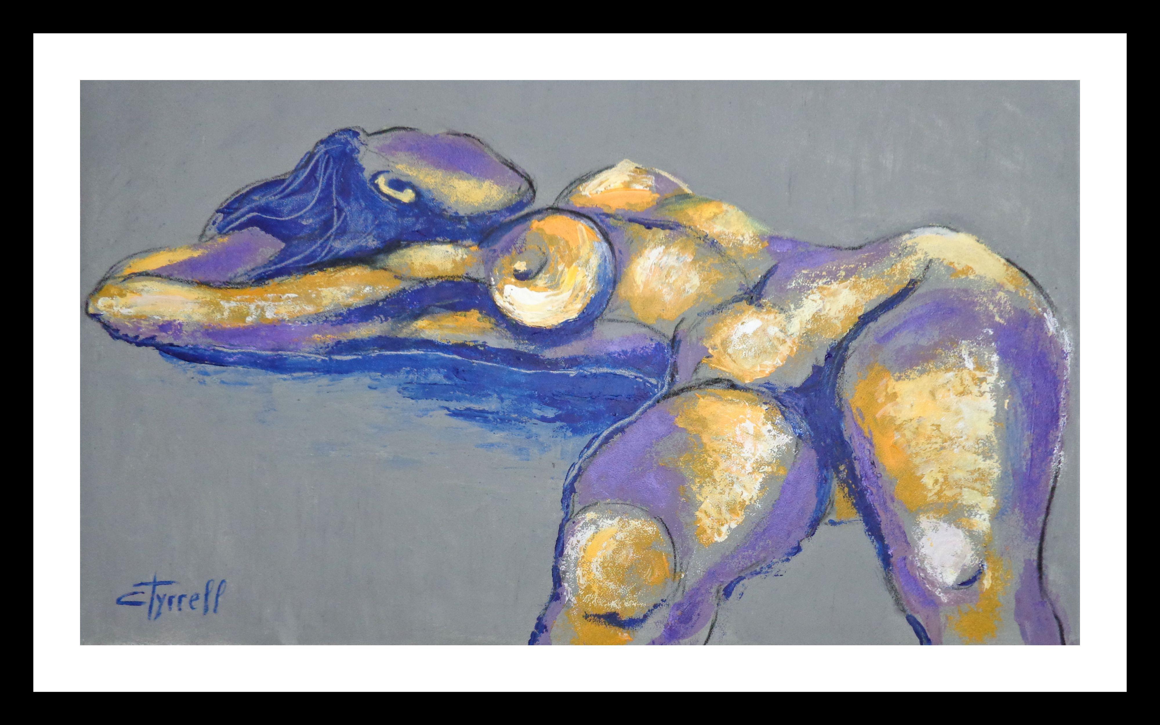 Peinture acrylique figurative contemporaine originale sur papier texturé, non encadrée. Peinture colorée et texturée réalisée à l'aide de peintures grises, orange, bleues et violettes appliquées au couteau à palette. Impressionnante grande peinture,