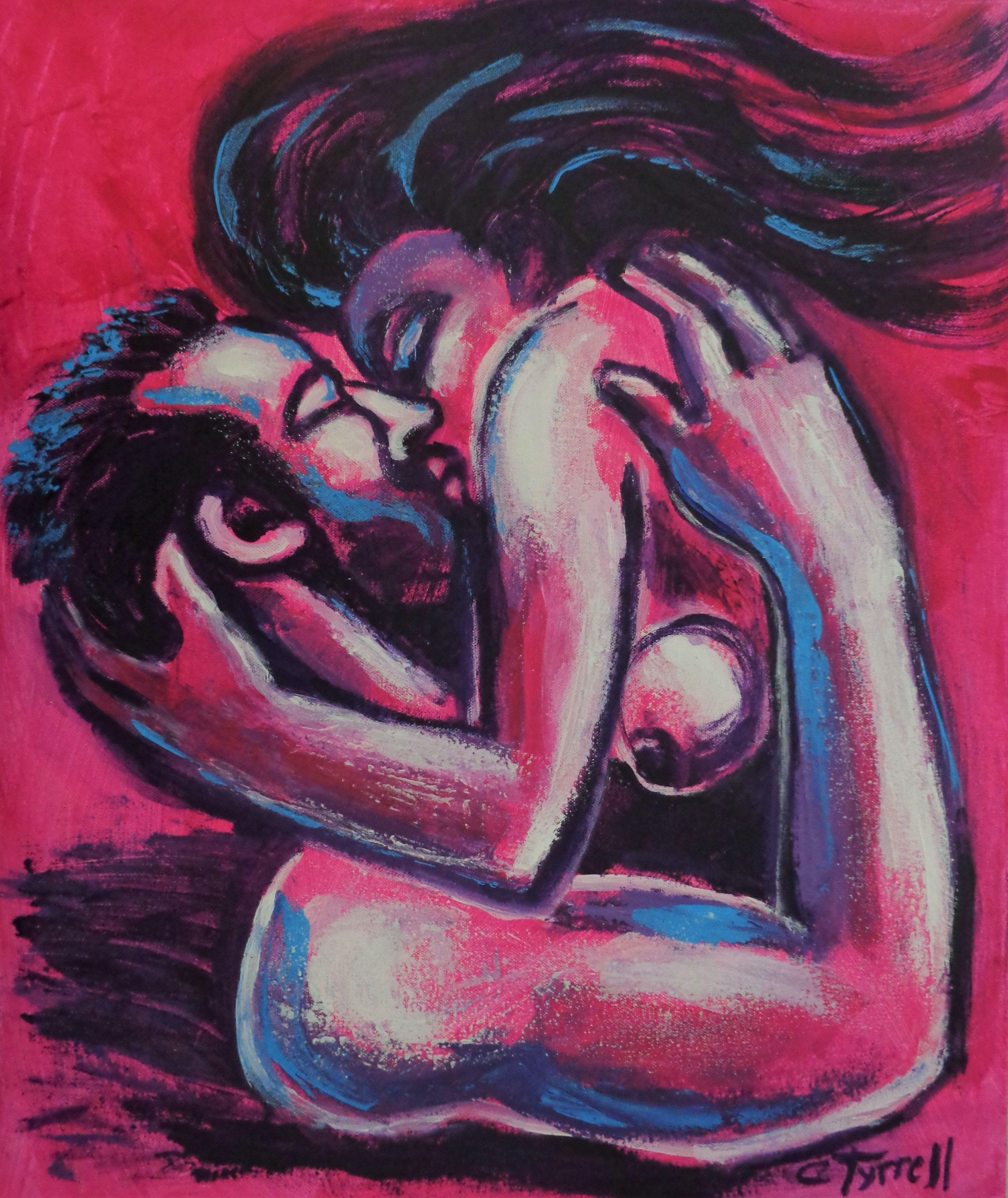 " Lovers At Sunset" is a series of 3 designs, romantic paintings of embraced lovers man and woman. The paintings are made on stretched canvas, painted edges and ready to hang. The colours used are predominant magenta and purple with white and blue,