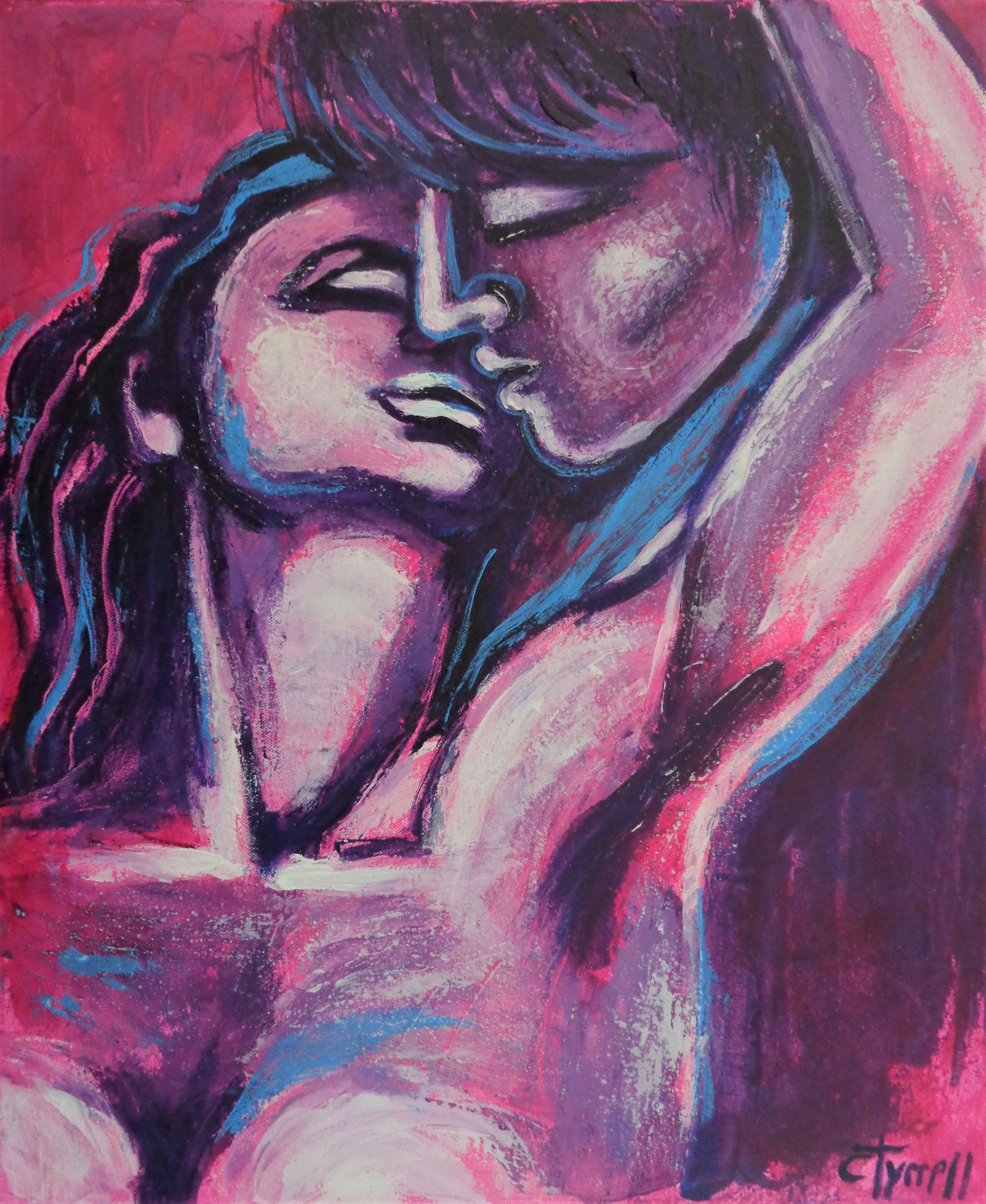 " Lovers At Sunset" is a series of 3 designs, romantic paintings of embraced lovers man and woman. The paintings are made on stretched canvas, painted edges and ready to hang. The colours used are predominant magenta and purple with white and blue,