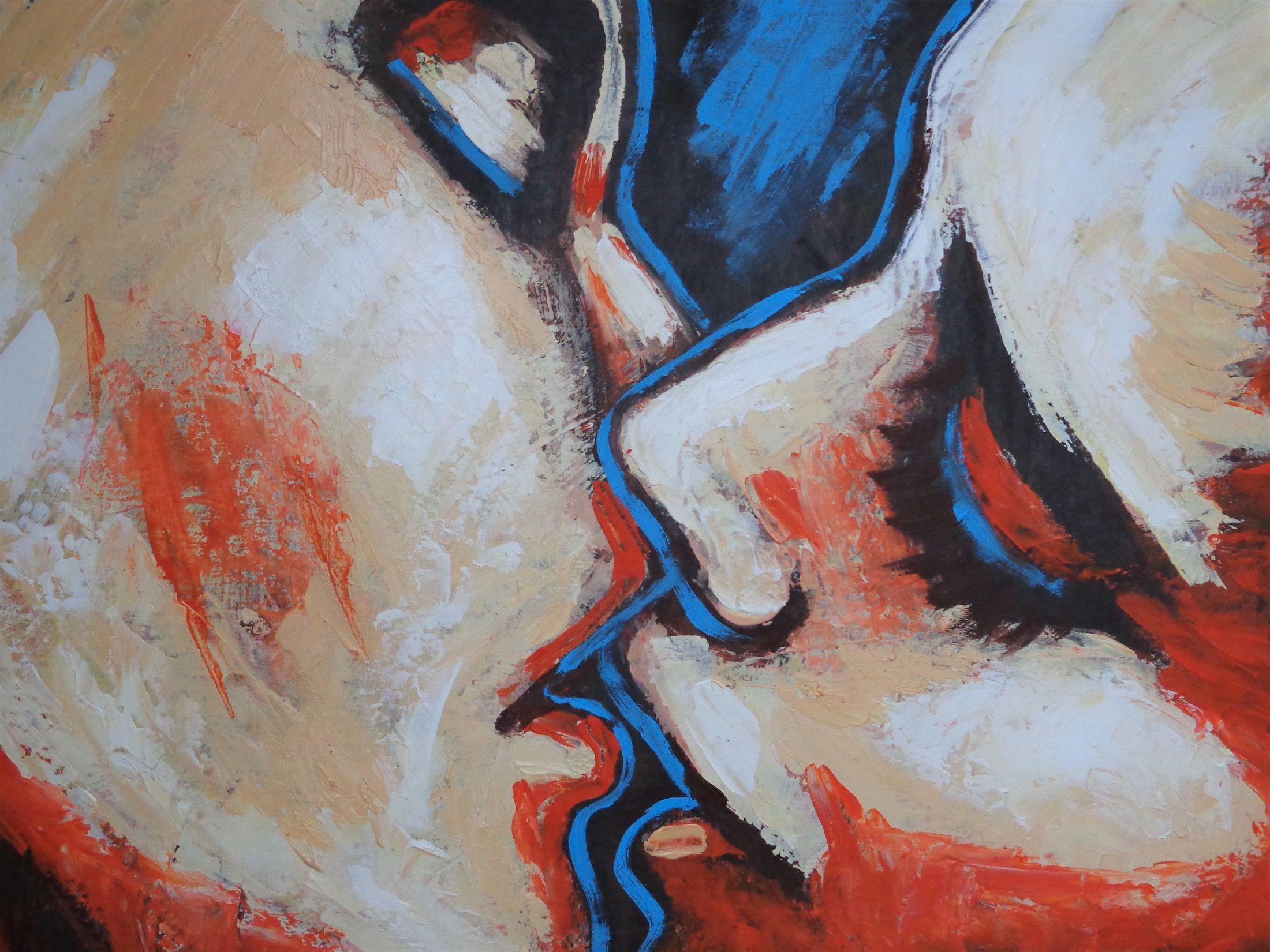 Lovers - Kiss In Orange And Blue, Gemälde, Acryl auf Leinwand (Zeitgenössisch), Painting, von Carmen  Tyrrell