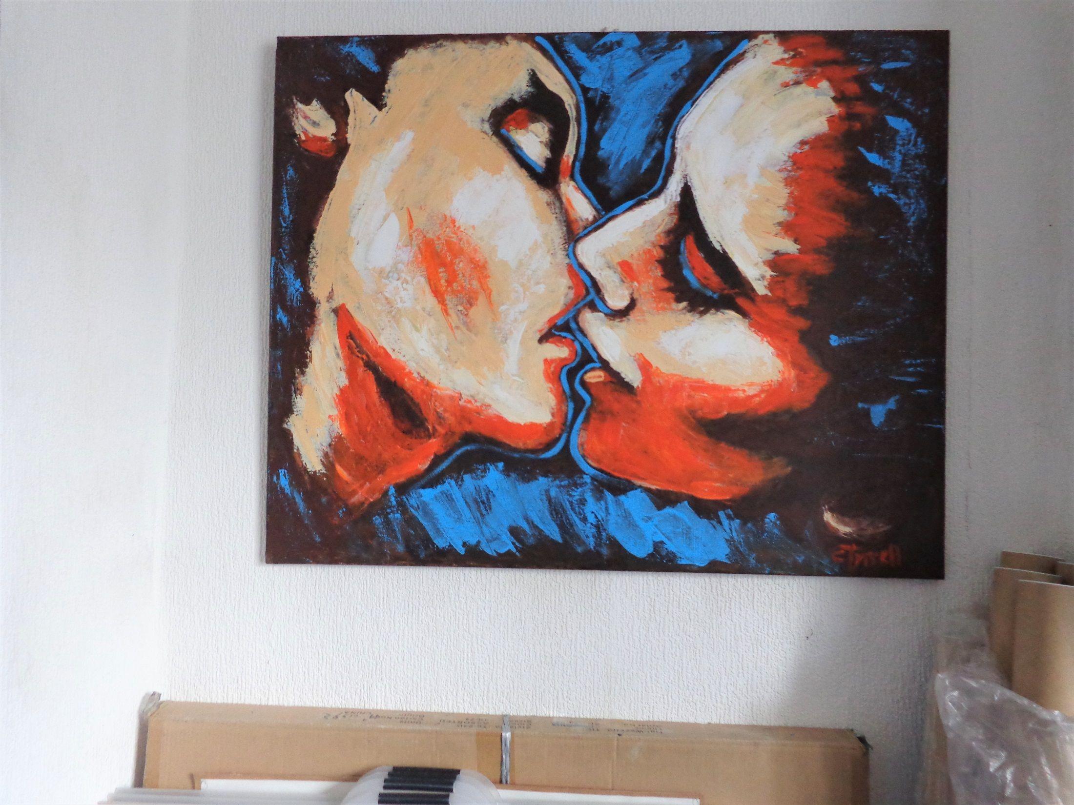Original expressionist figurative acrylics painting on stretched canvas, painted edges and ready to hang. Frame is optional. Part of the series of Lovers portraits, romantic image of a man and woman kissing. Use of warm colours, orange and brown