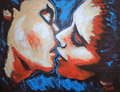 Lovers - Kiss In Orange And Blue, Gemälde, Acryl auf Leinwand