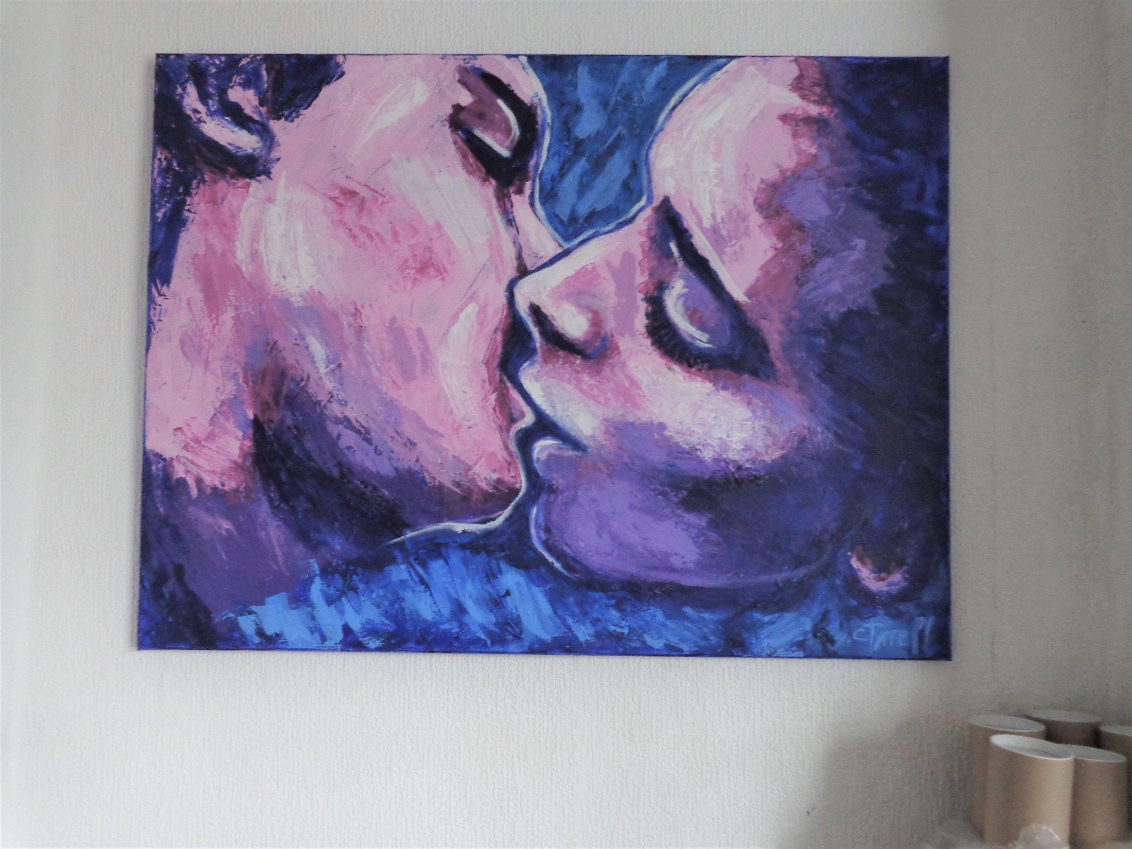 Original expressionist figurative acrylics painting on stretched canvas, painted edges and ready to hang. Frame is optional. Part of the series of Lovers portraits, romantic image of a man and woman kissing. Colourful and textured. Use of pink,