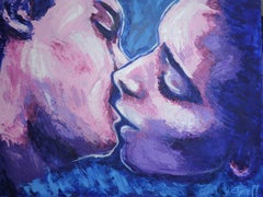 Used Lovers - Kiss In Pink And Blue, Painting, Acrylic on Canvas