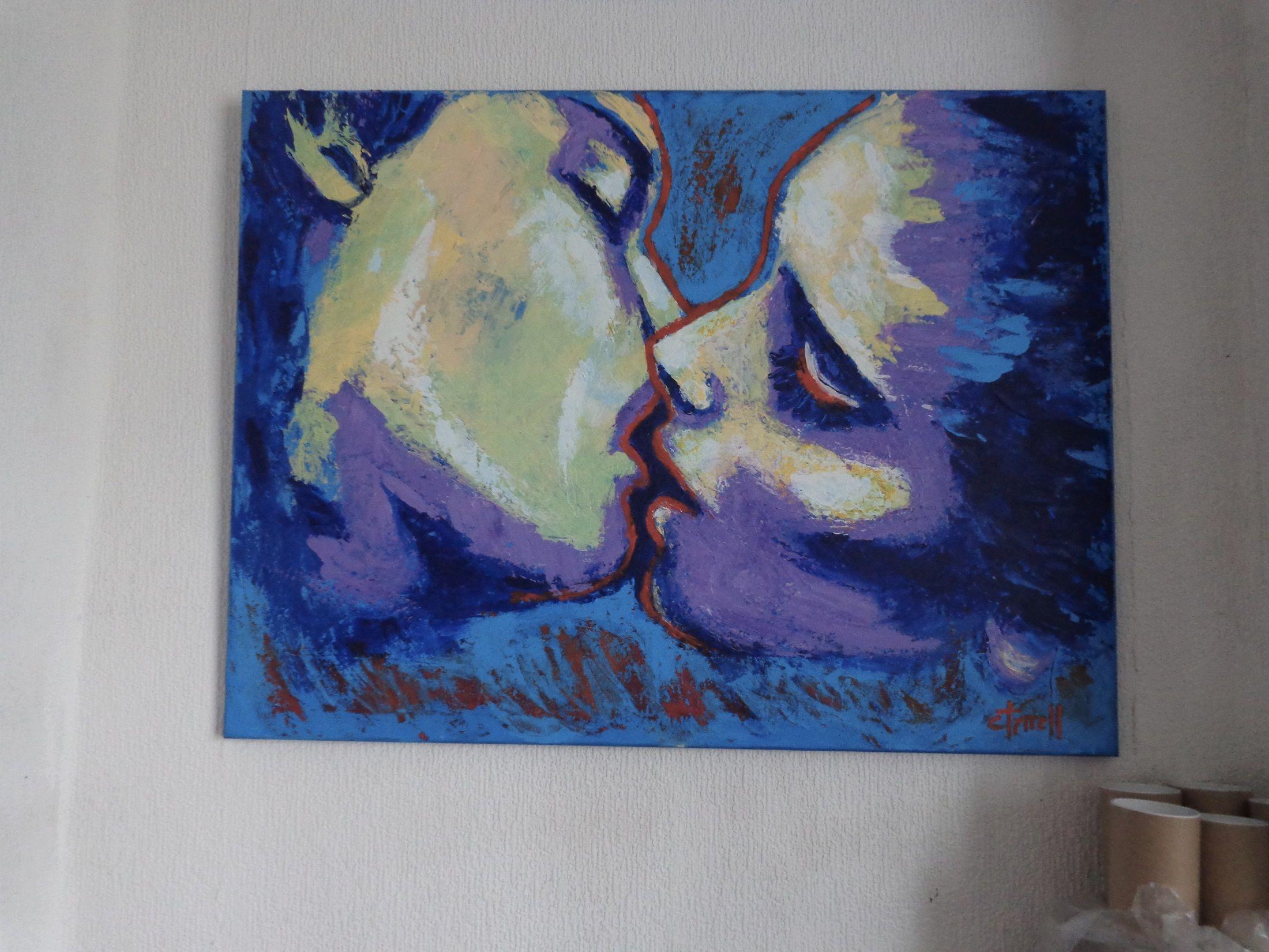 Lovers - Kiss In Purple And Blue, Painting, Acrylic on Canvas For Sale 3